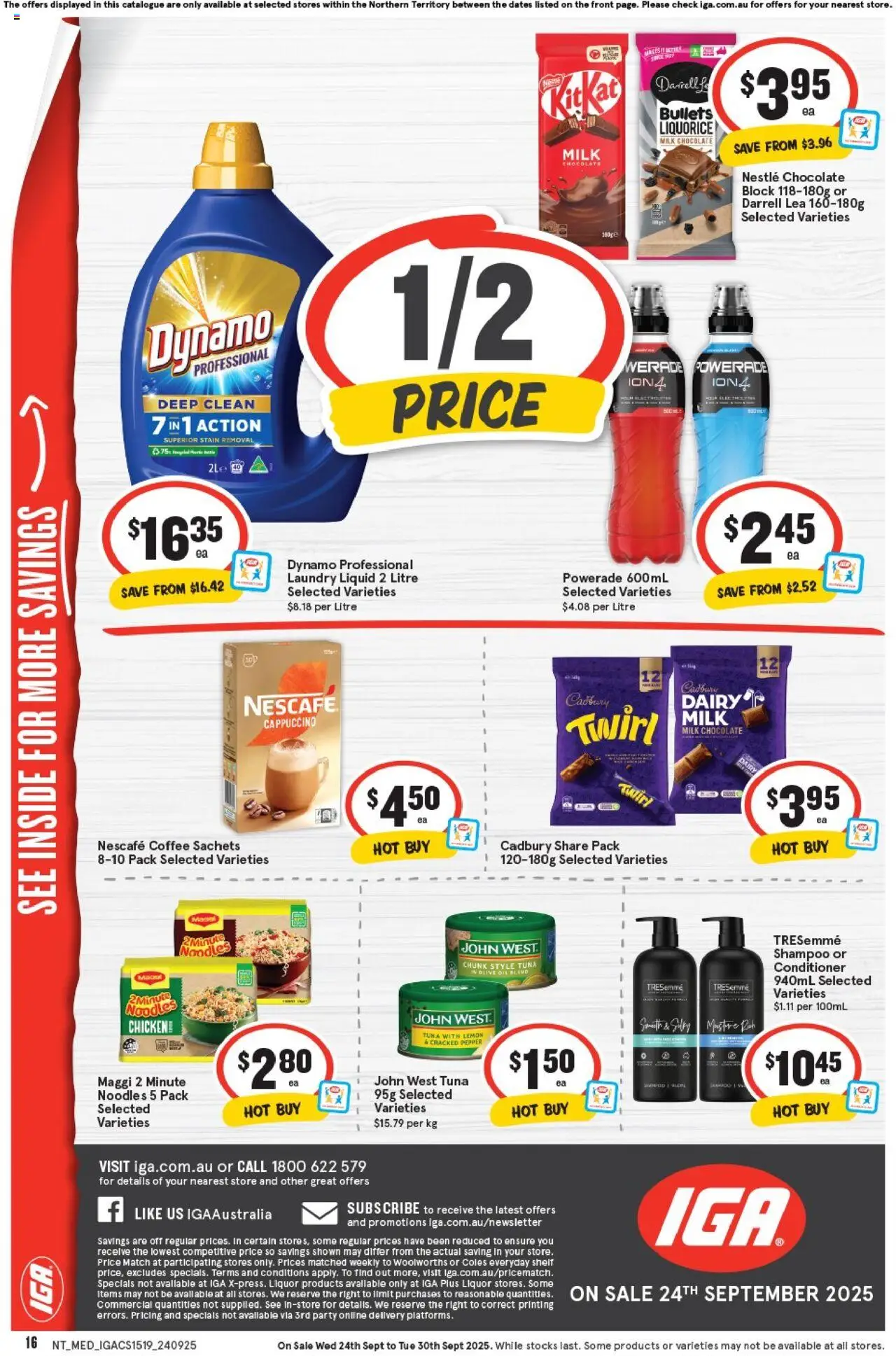 IGA catalogue - valid from 24.09.2025 | Page: 16 | Products: Chocolate, Lemon, Tuna, Laundry