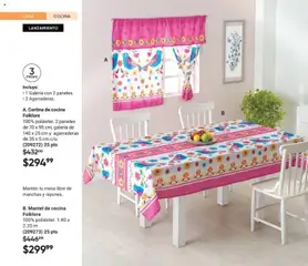 Vista previa de Cortina de cocina Folklore, 100% poliéster. 2 paneles de 70 x 95 cm; galería de 140 x 25 cm y agarraderas de 35 x 5 cm c/u., nuevo folleto de la tienda, válido en México a partir del 20.12.2025 | Página: 170 | Productos: Mantel, Cocina, Mesa