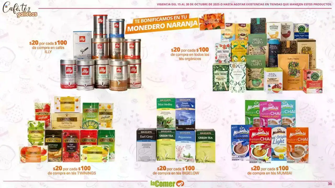 Nuevas ofertas de La Comer válidas en toda la República Mexicana desde el 15.10.2025. ¡Encuentra las mejores ofertas en La Comer - Folleto! | Página: 36 | Productos: Monedero, Café, Galletas, Té