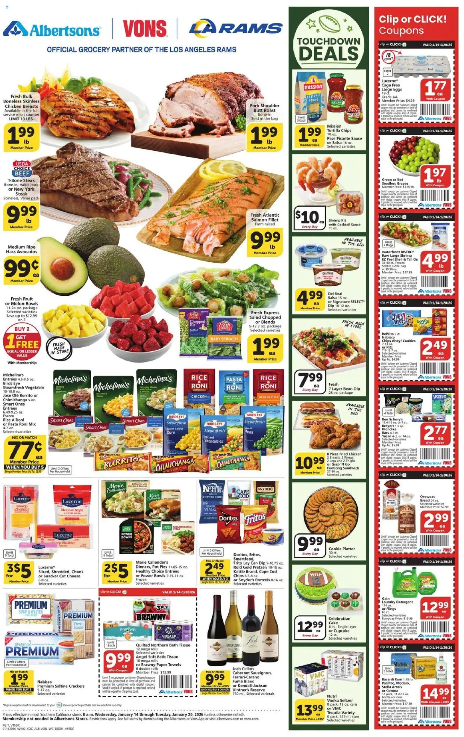 Vons Weekly Ad - valid from 14.01.2026 | Page: 1 | Products: Spinach, Eggs, Chips, Cupcake