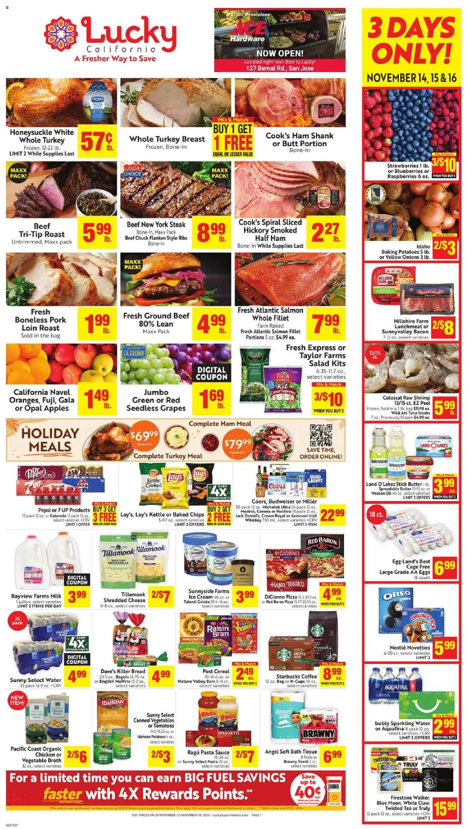 Lucky Supermarkets Weekly - CA - valid from 12.11.2025 | Page: 1 | Products: Oil, Coffee, Ham, Grapes