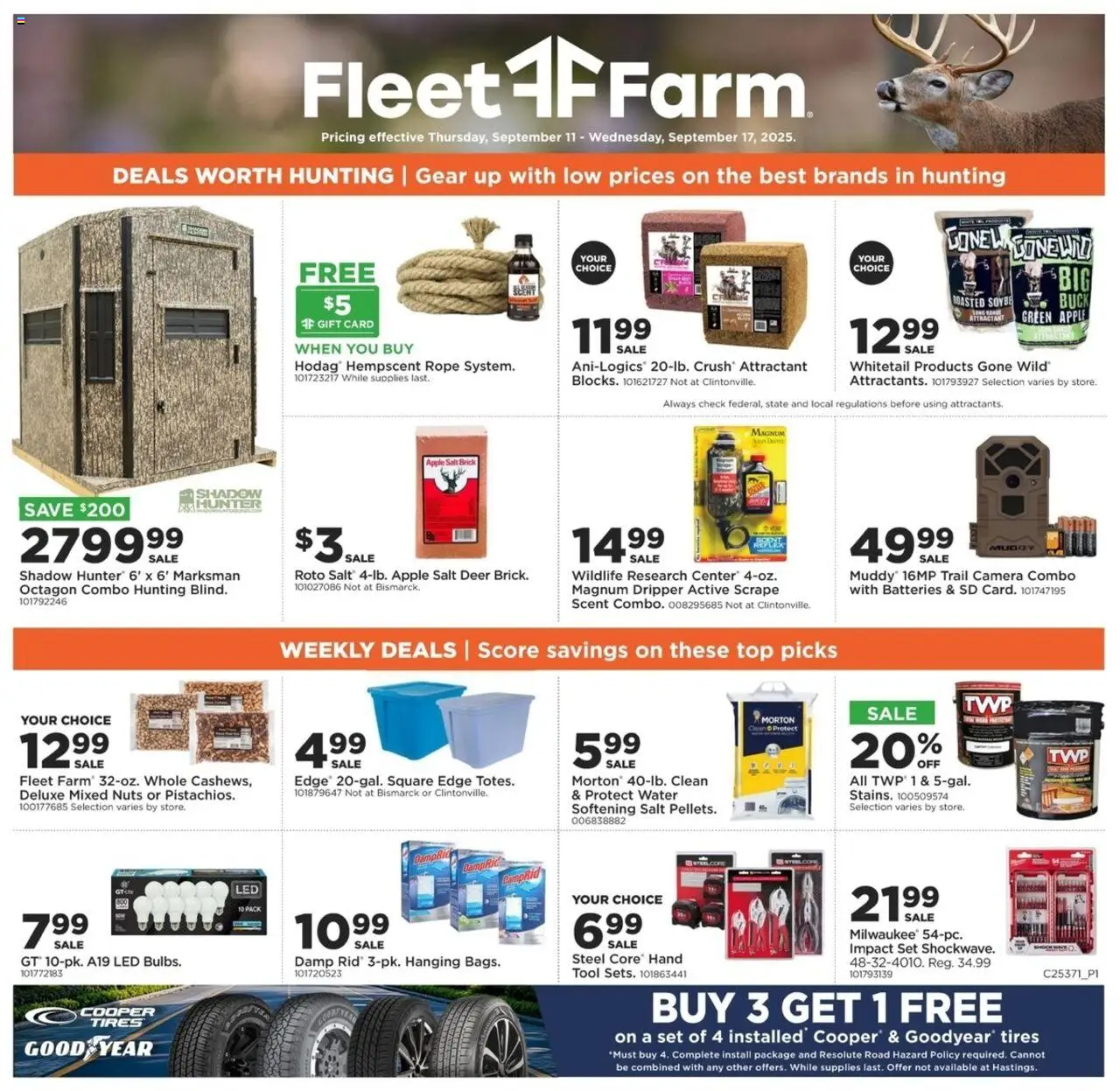 Mills Fleet Farm Weekly Ad - valid from 11.09.2025 | Page: 1 | Products: Nuts, Water, Camera, Trail Camera