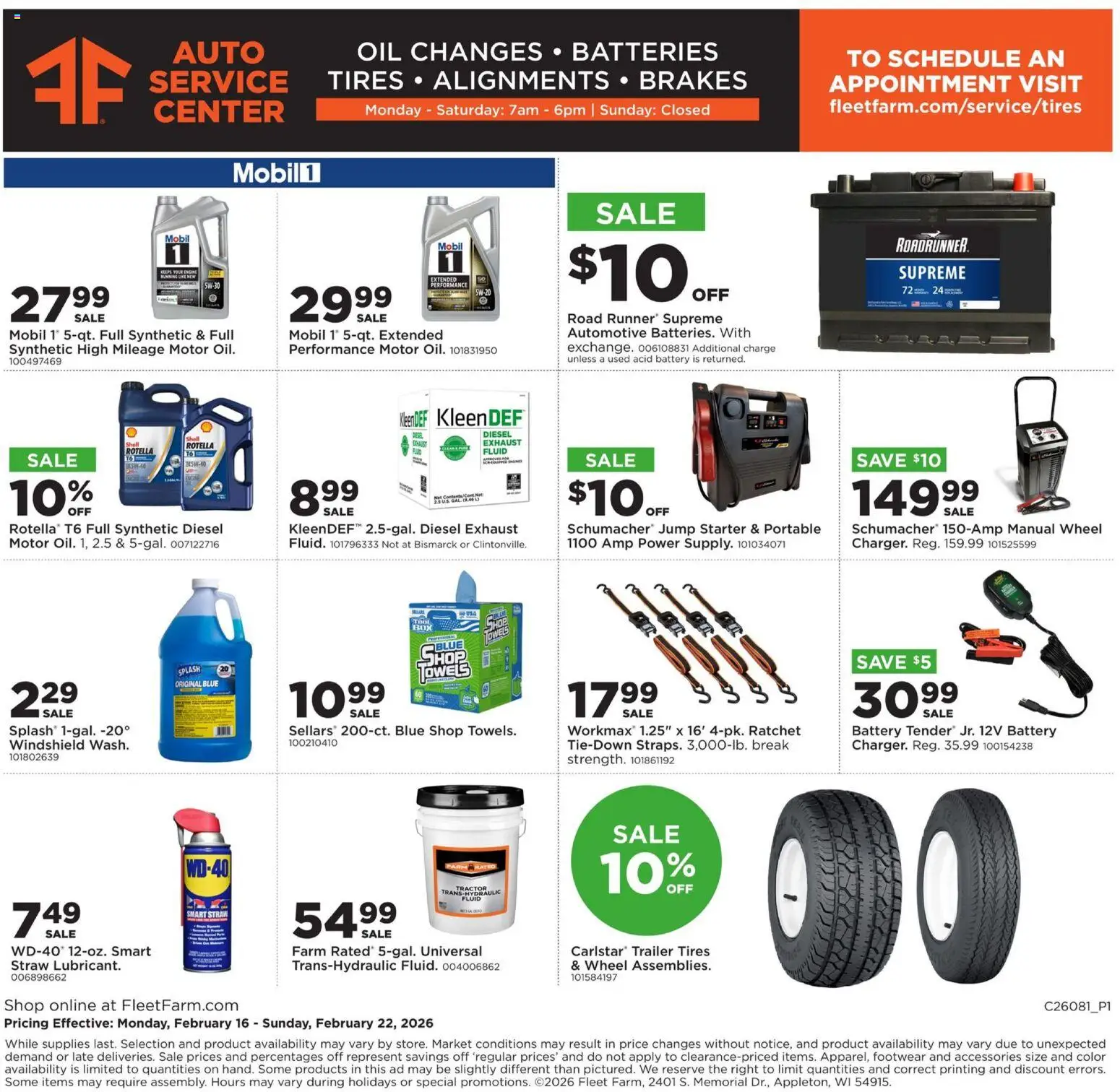 Mills Fleet Farm Weekly Ad - valid from 16.02.2026 | Page: 24 | Products: Battery, Ratchet, Windshield, Starter