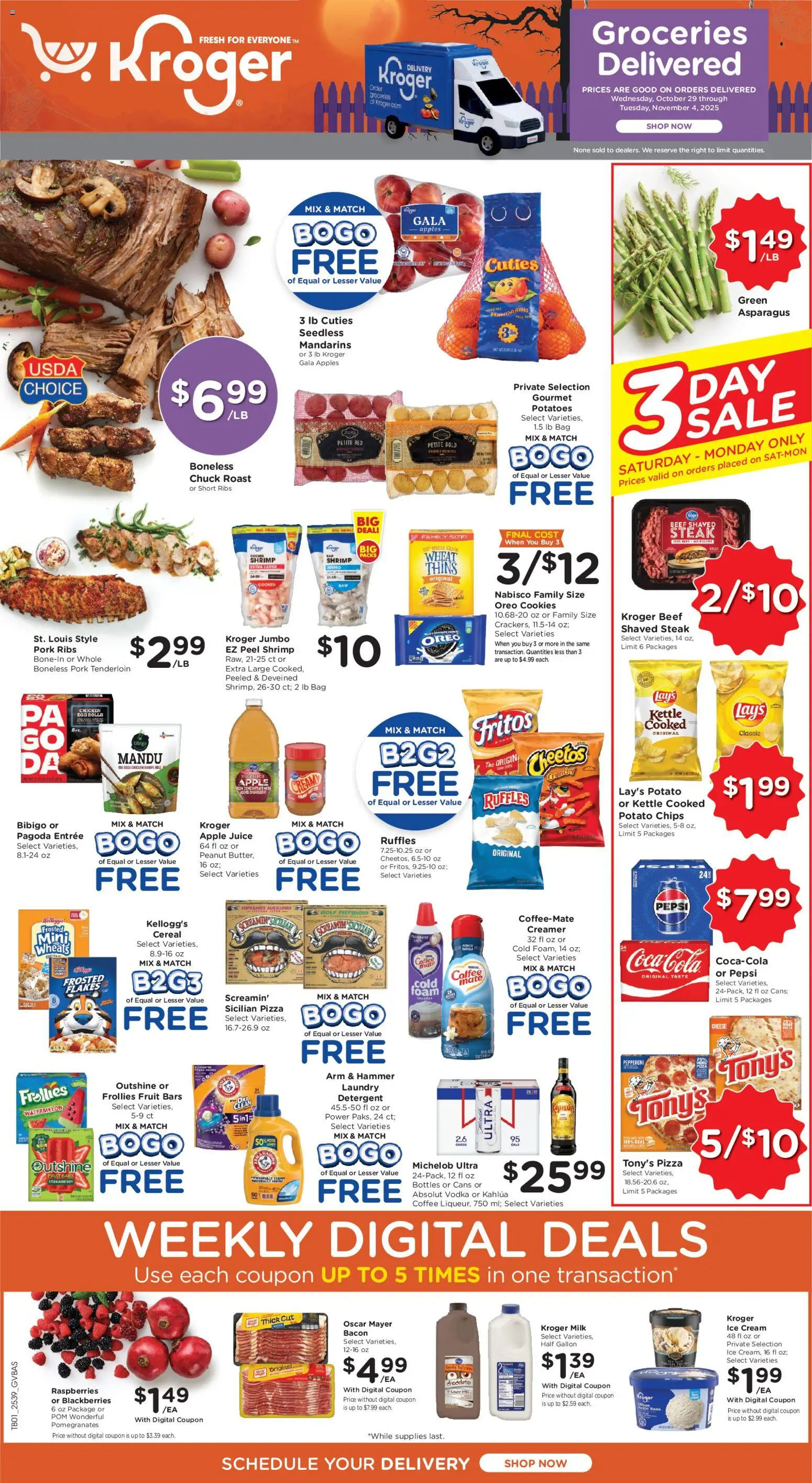 Kroger Ad - valid from 29.10.2025 | Page: 1 | Products: Milk, Pork, Detergent, Vodka