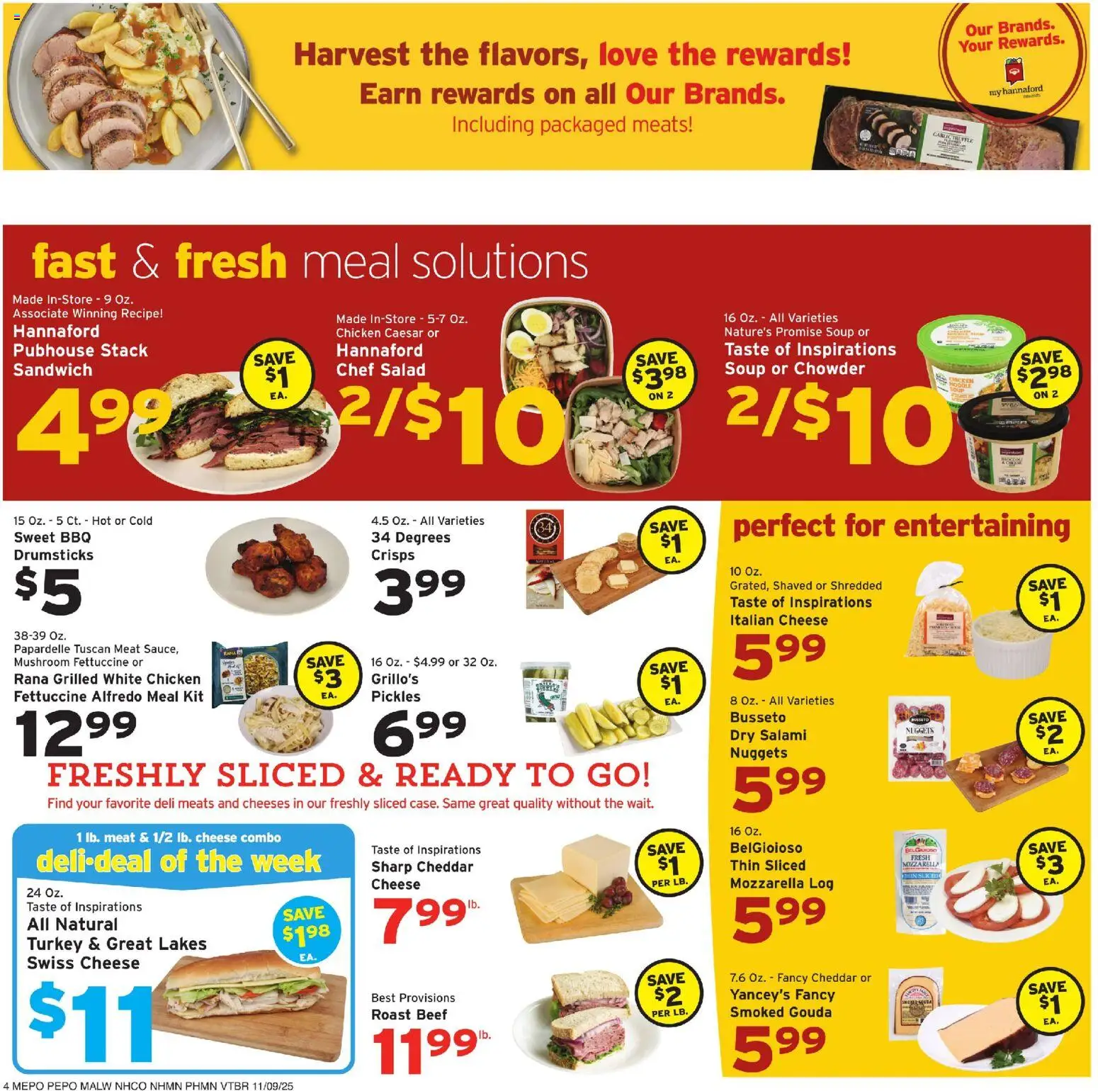 Hannaford Weekly Ad - valid from 09.11.2025 | Page: 4 | Products: Cheese, Salami, Beef, Salad