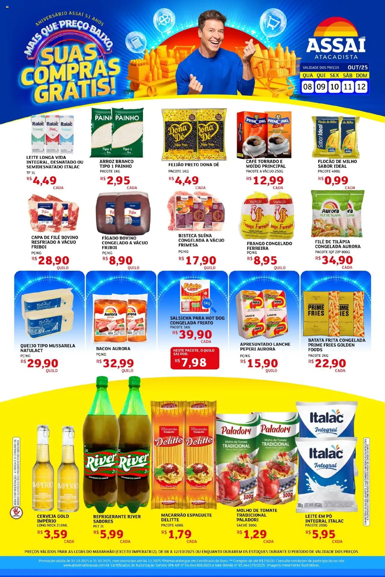 Assaí Atacadista Folheto - válido de 08.10.2025 | Página: 1 | Produtos: Espaguete, Salsicha, Leite, Bebida