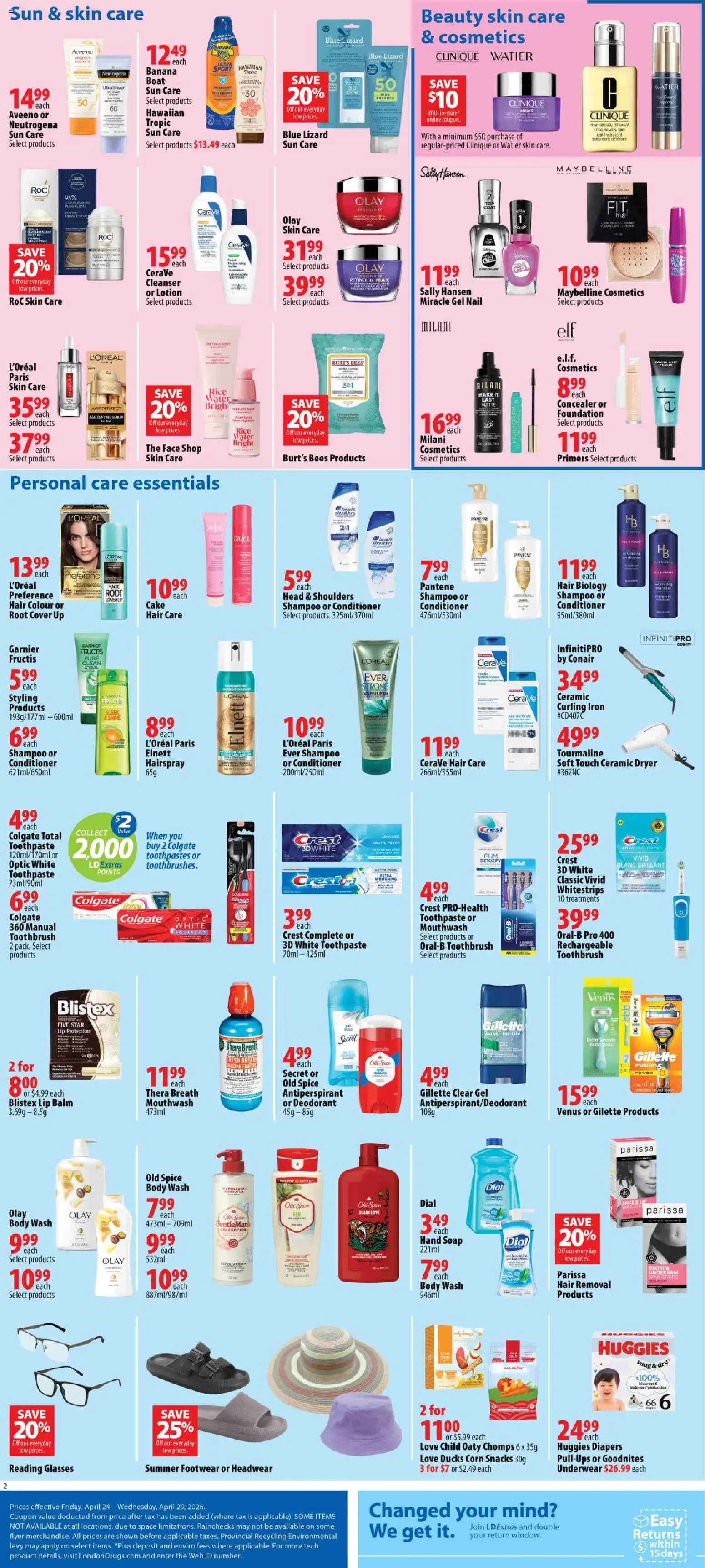 London Drugs flyer valid from 24.04.2026 | Page: 2 | Products: Glasses, Iron, Body wash, Mouthwash