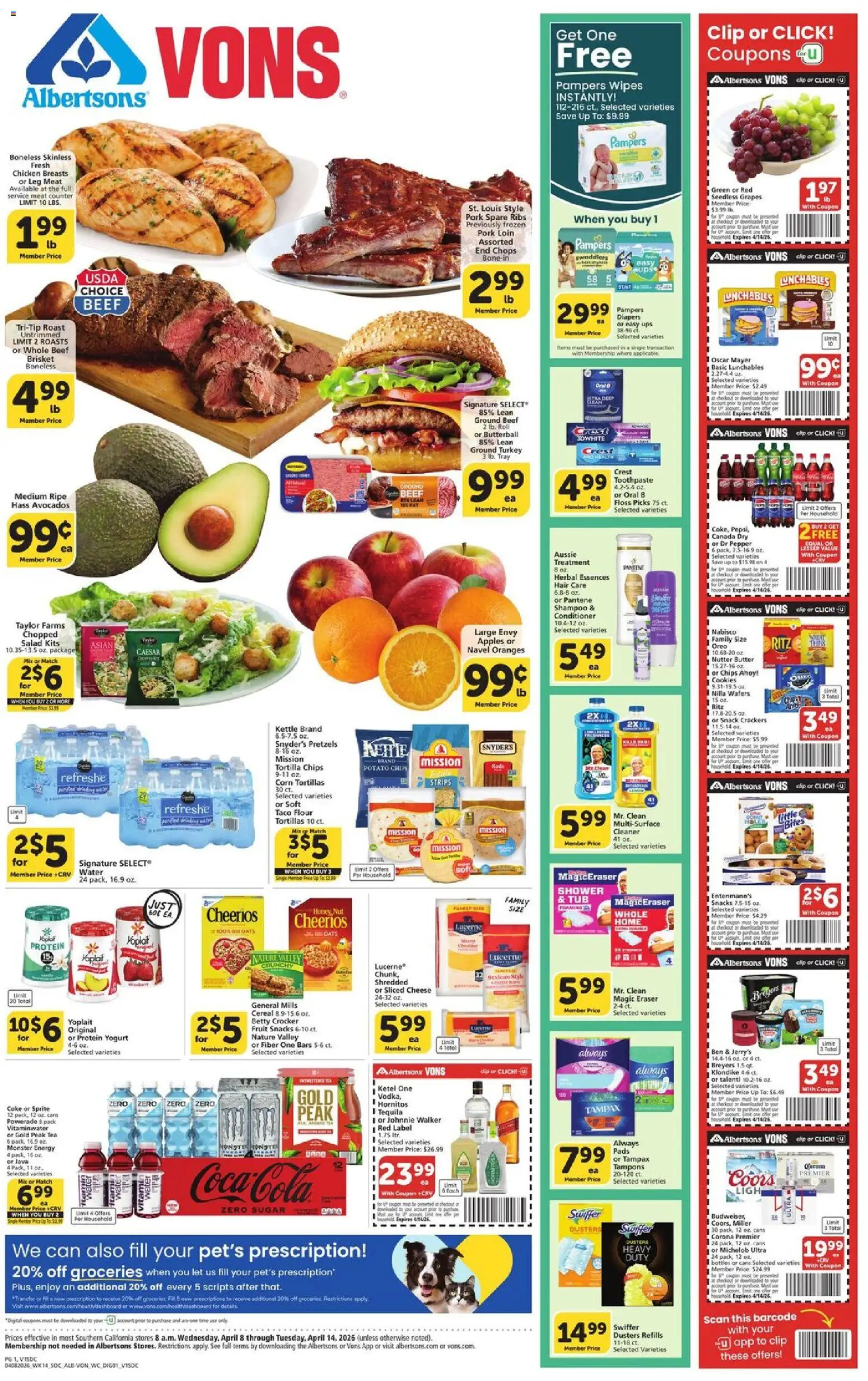 Vons Weekly Ad - valid from 08.04.2026 | Page: 1 | Products: Apples, Oranges, Toothpaste, Salad