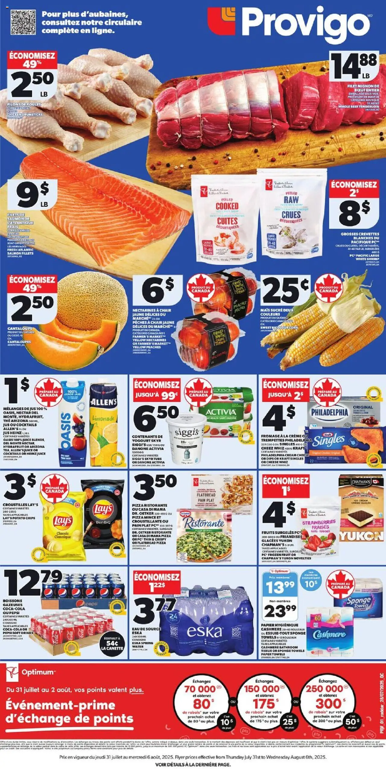 Provigo flyer valid from 31.07.2025 | Page: 1 | Products: Strawberries, Cheese, Pizza, Juice