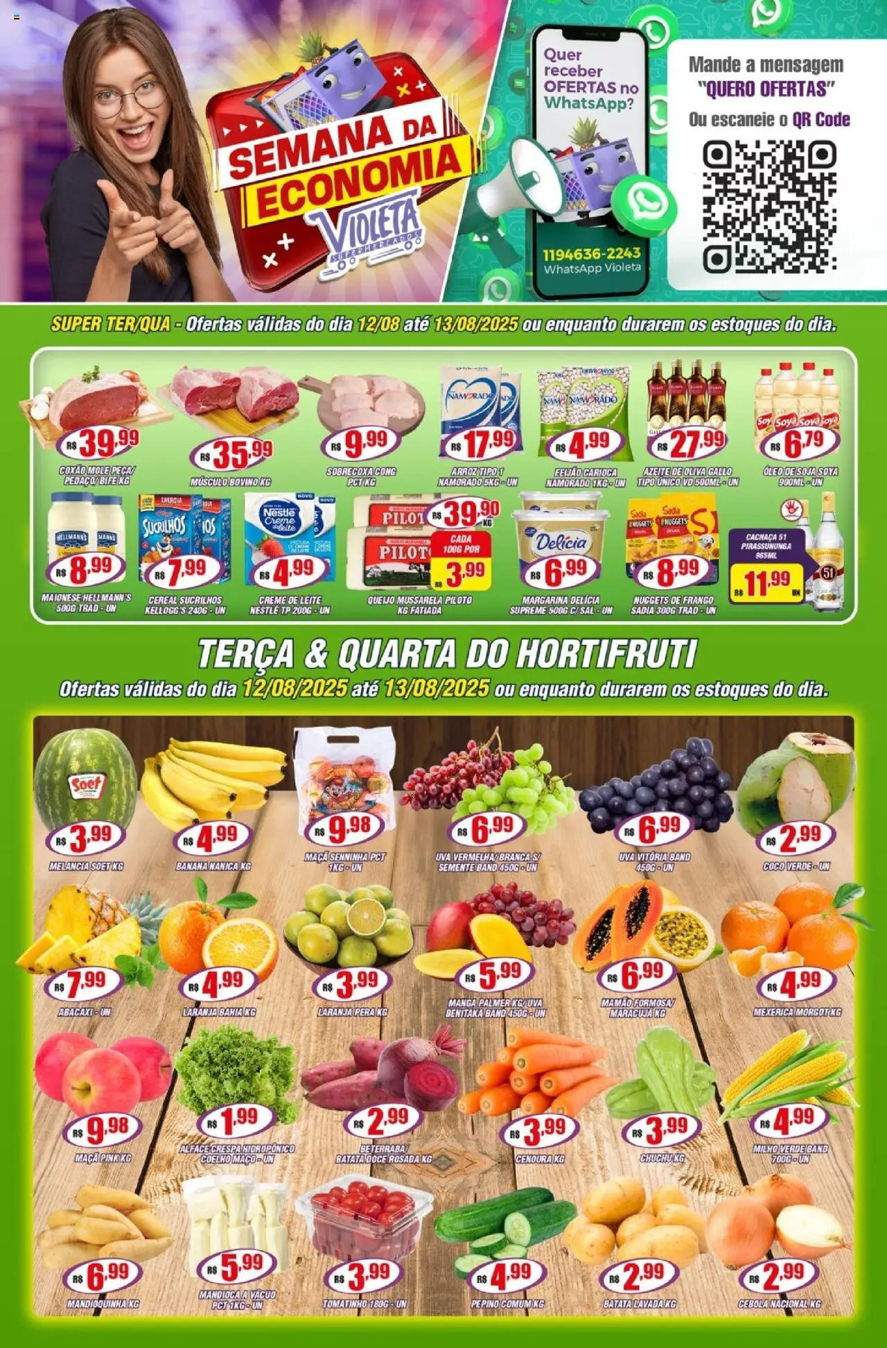 Violeta Supermercados Folheto - válido de 12.08.2025 | Página: 1 | Produtos: Cebola, Feijão, Milho verde, Leite