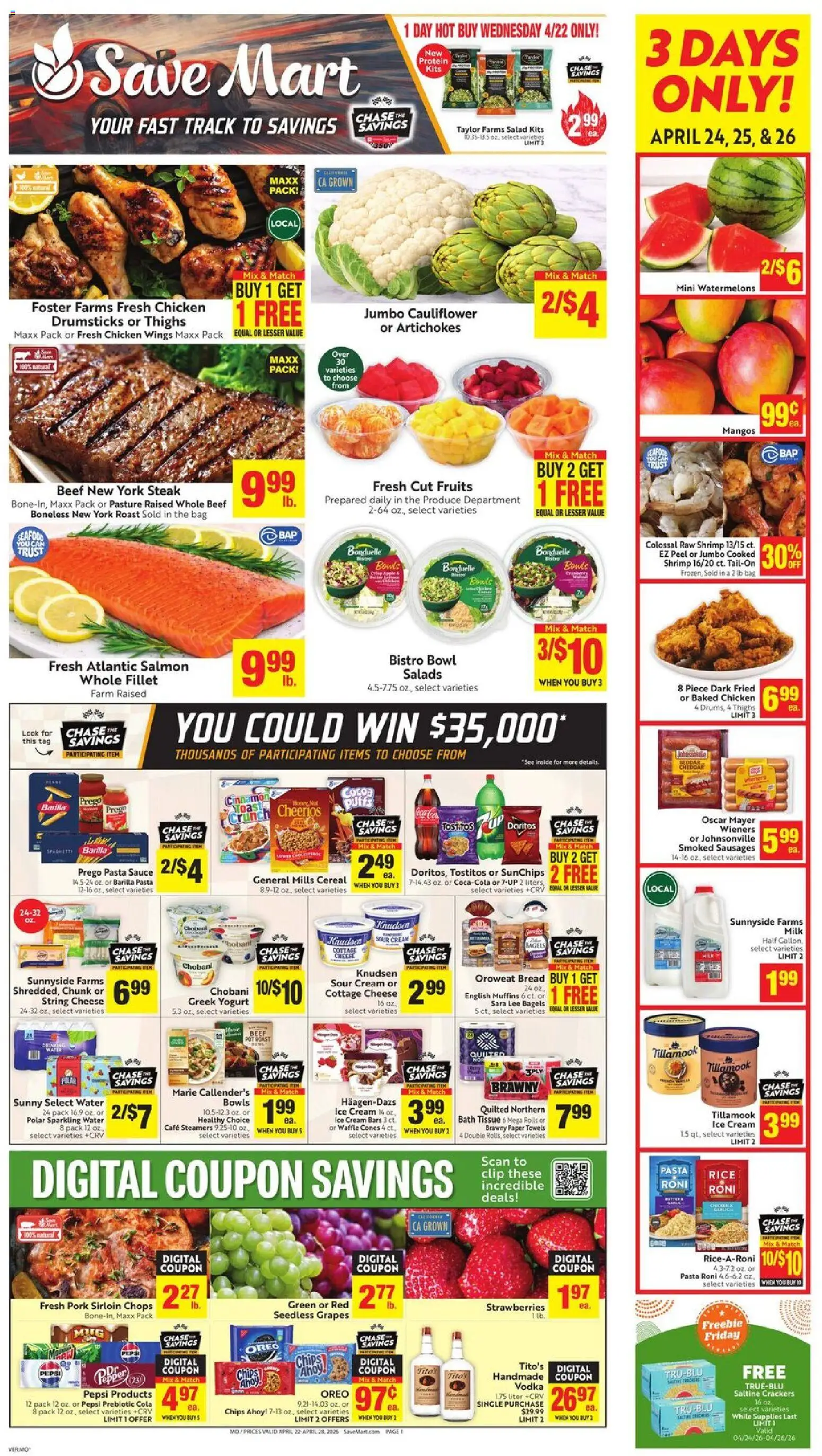 Save Mart Weekly - CA - valid from 22.04.2026 | Page: 1 | Products: Milk, Pork, Pasta, Sauce