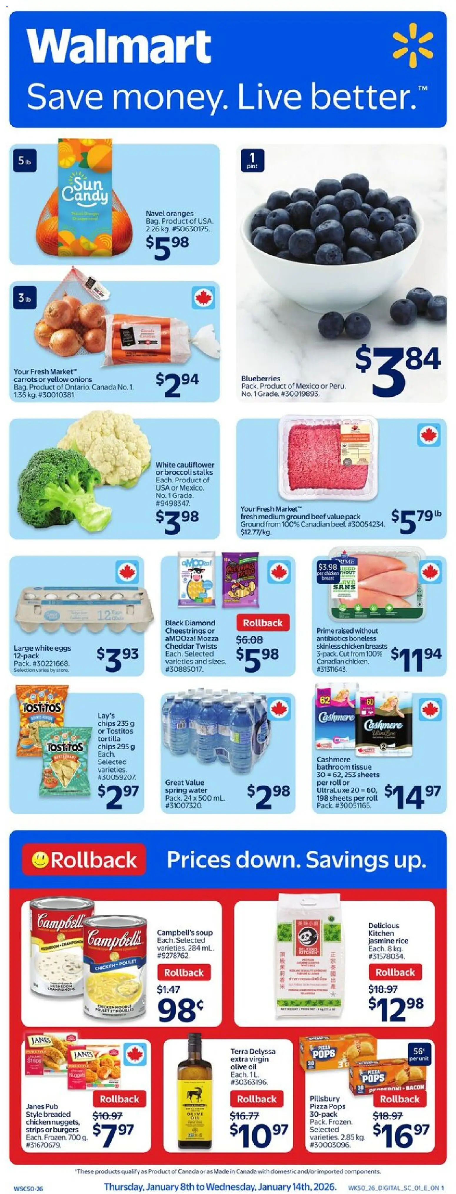 Walmart flyer valid from 08.01.2026 | Page: 1 | Products: Beef, Chips, Pizza, Oranges