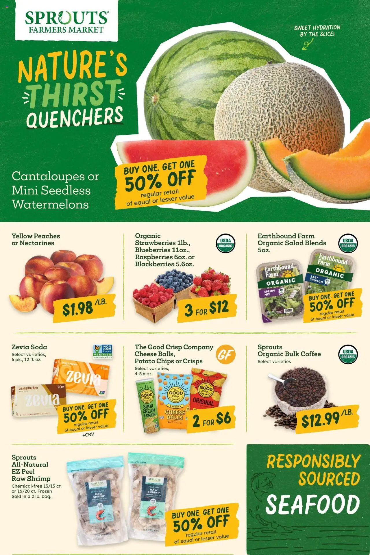 Sprouts Weekly Ad - valid from 23.07.2025 | Page: 1 | Products: Peaches, Strawberries, Chips, Salad