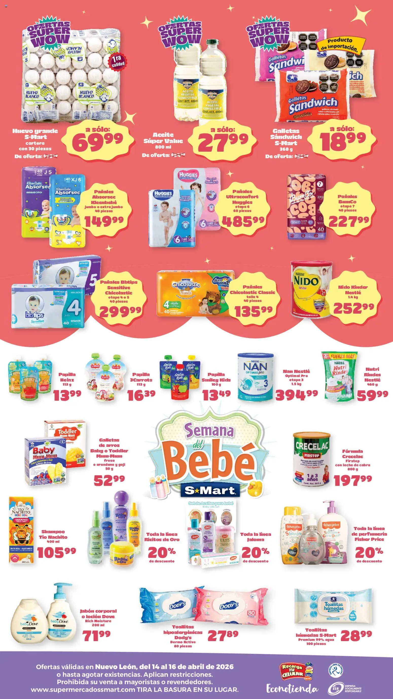 Nuevas ofertas de S-Mart válidas en toda la República Mexicana desde el 14.04.2026. ¡Encuentra las mejores ofertas en S-Mart folleto Ofertas de feria Monterrey! | Página: 2 | Productos: Toallitas húmedas, Leche, Loción, Jabón