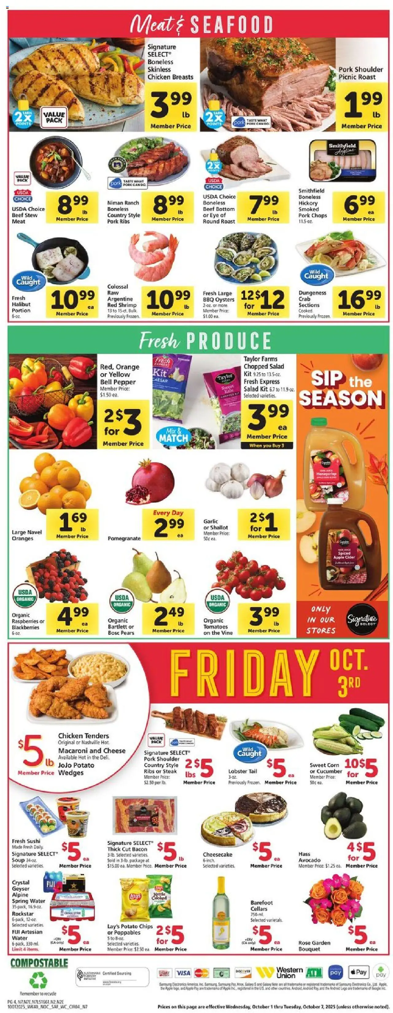 Safeway Weekly Ad - valid from 01.10.2025 | Page: 4 | Products: Tomatoes, Beef, Avocado, Seafood