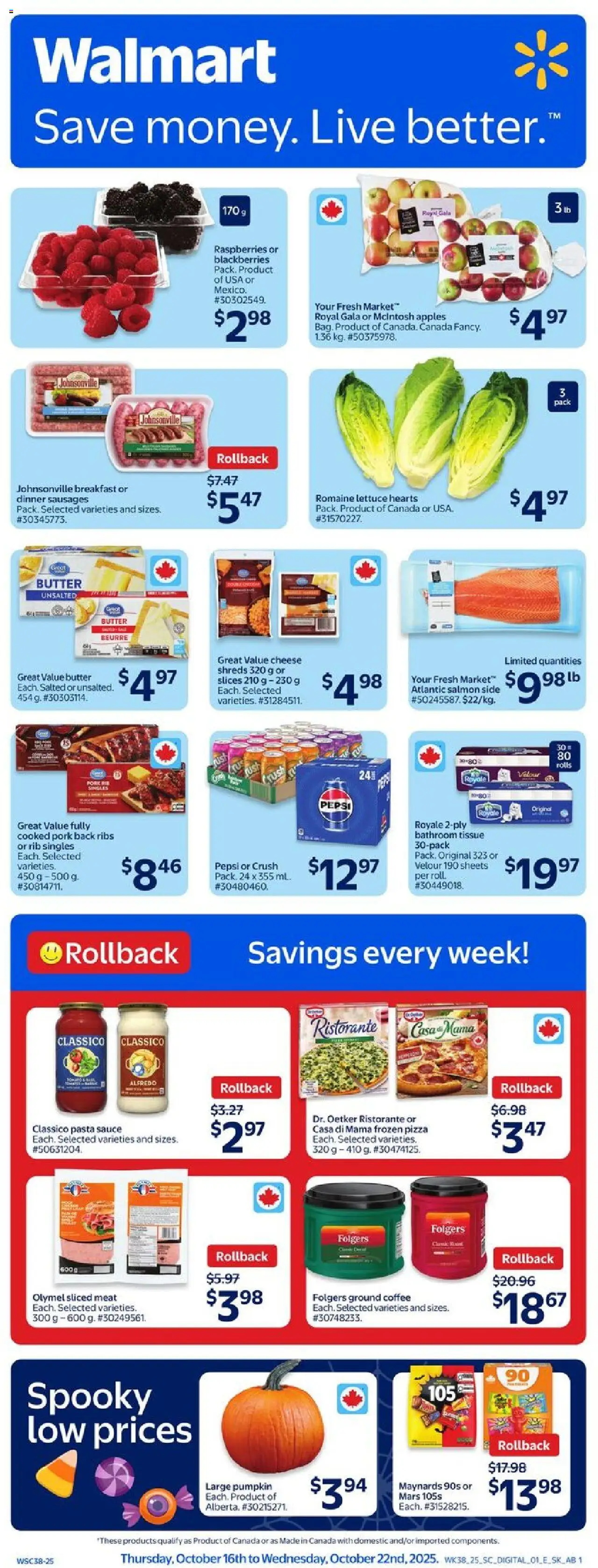 Walmart flyer valid from 16.10.2025 | Page: 1 | Products: Pasta, Butter, Pumpkin, Apples