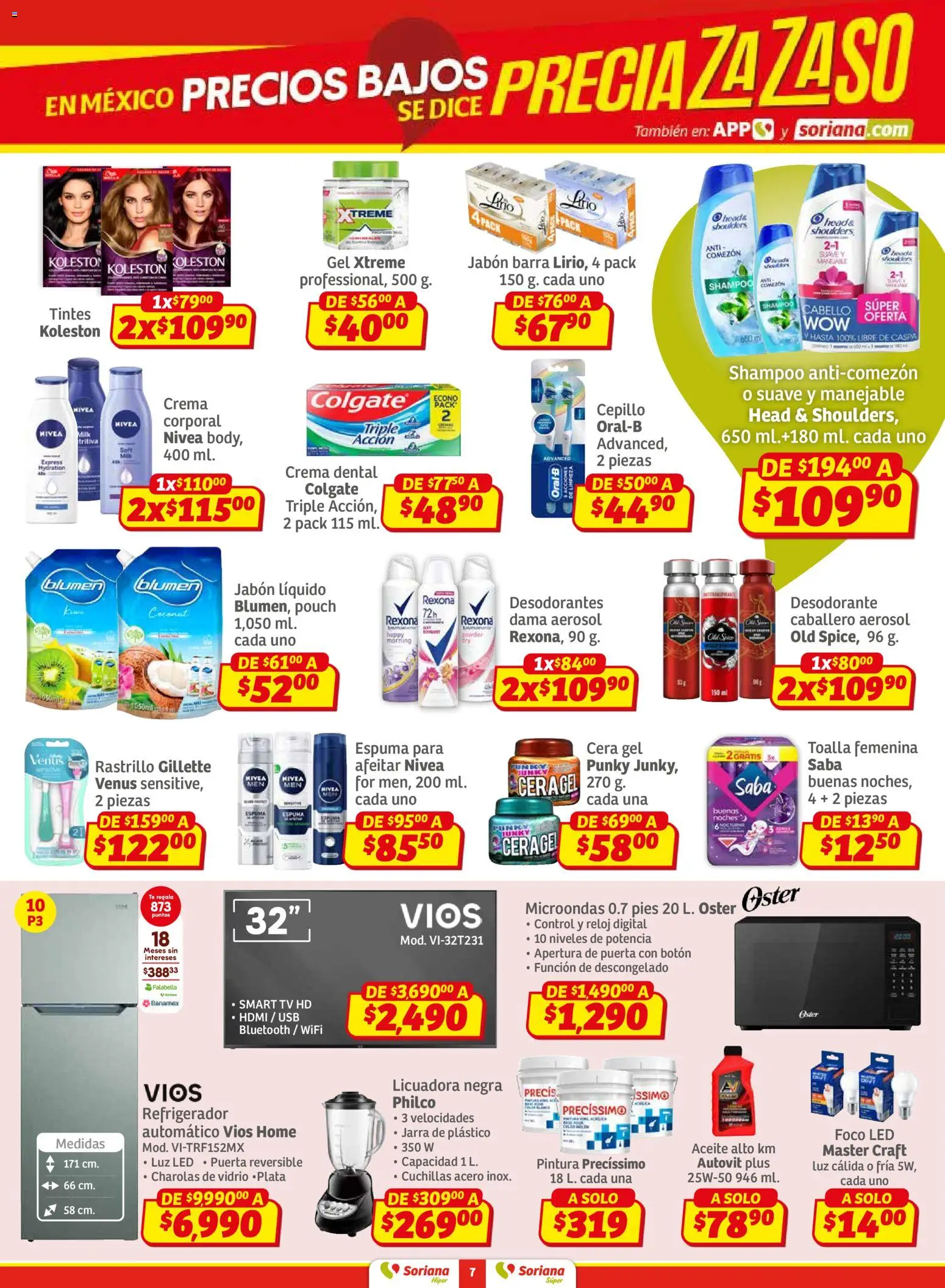 Nuevas ofertas de Soriana válidas en toda la República Mexicana desde el 30.01.2026. ¡Encuentra las mejores ofertas en Soriana - Preciazazaso Súper: BCS, Jal, Nay, Sin, Son! | Página: 7 | Productos: Cera, Microondas, Té, Jabón