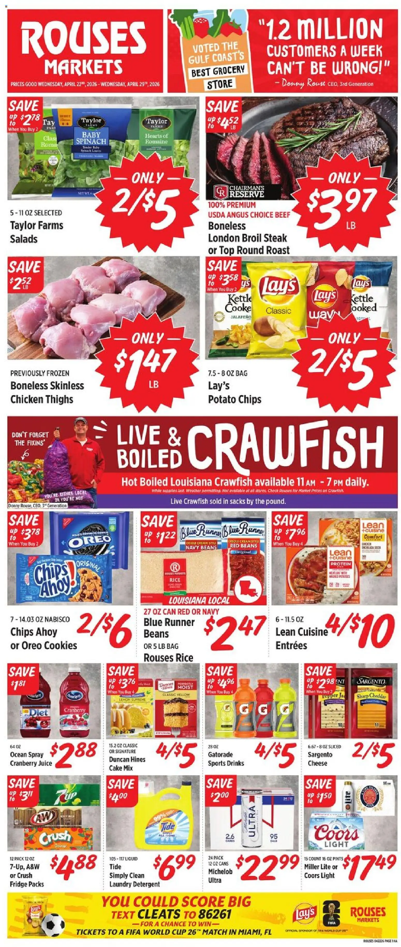 Rouses Weekly Ad - MS - valid from 22.04.2026 | Page: 1 | Products: Romaine, Cheese, Bag, Kettle