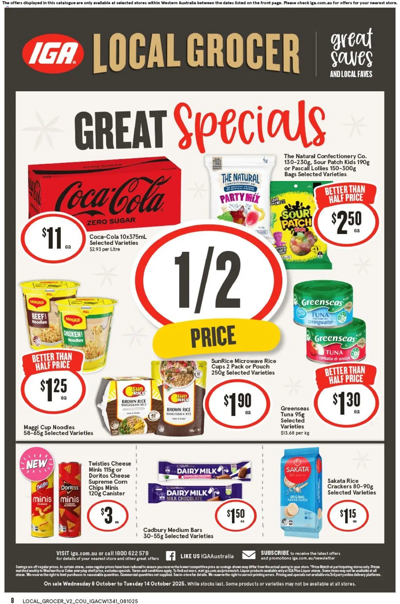 IGA catalogue - valid from 08.10.2025 | Page: 8 | Products: Crackers, Sugar, Tuna, Microwave