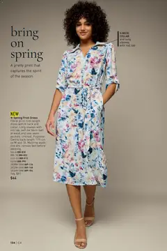 Preview of Spring Print Dress, Floral print midi-length dress with V-neck and collar. Long sleeves with roll tab, self-tie fabric belt at waist and side seam pockets. Unlined. Polyester. from shop Avon valid from 12.02.2026 | Page: 134 | Products: Belt, Dress