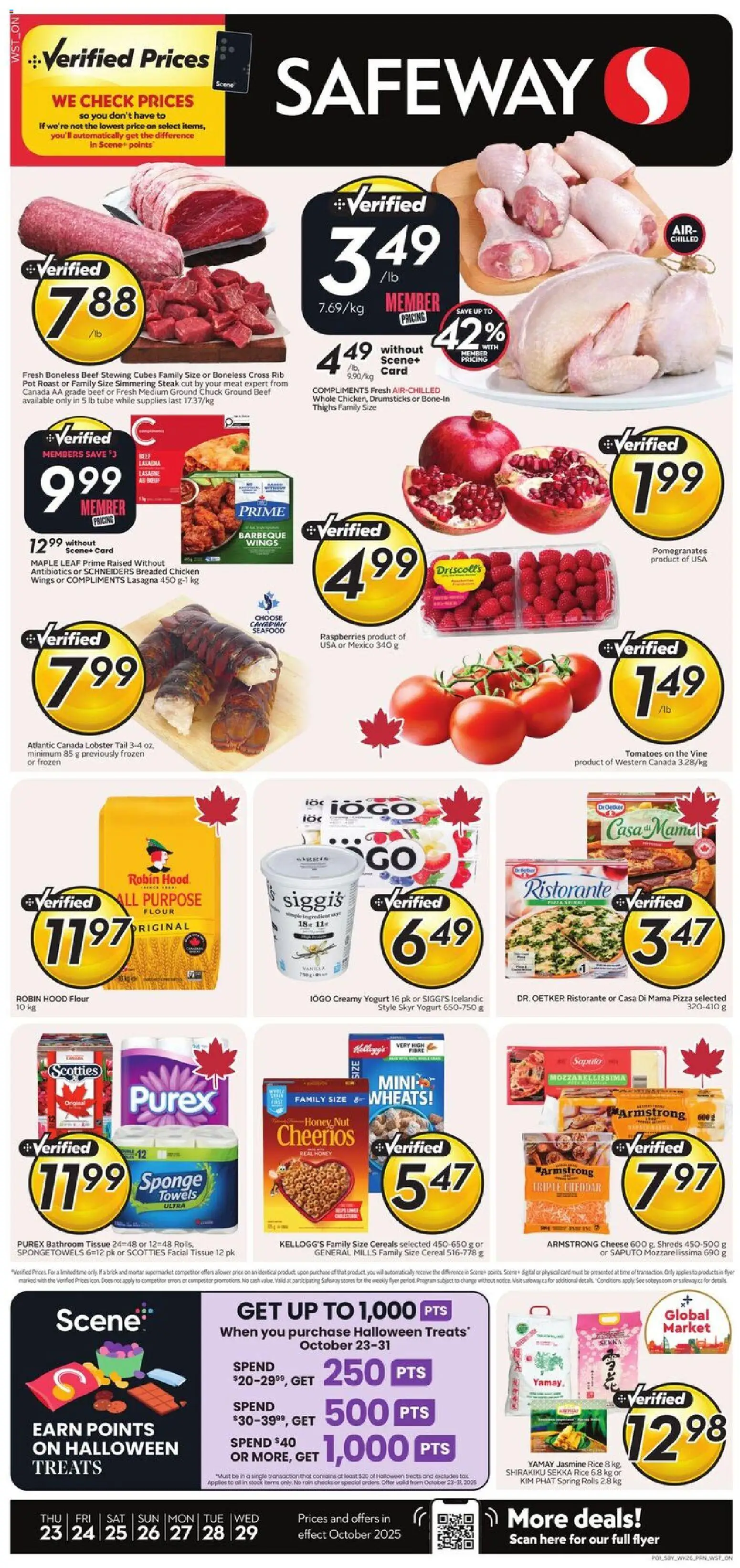 Safeway flyer valid from 23.10.2025 | Page: 1 | Products: Rice, Sponge, Yogurt, Chicken