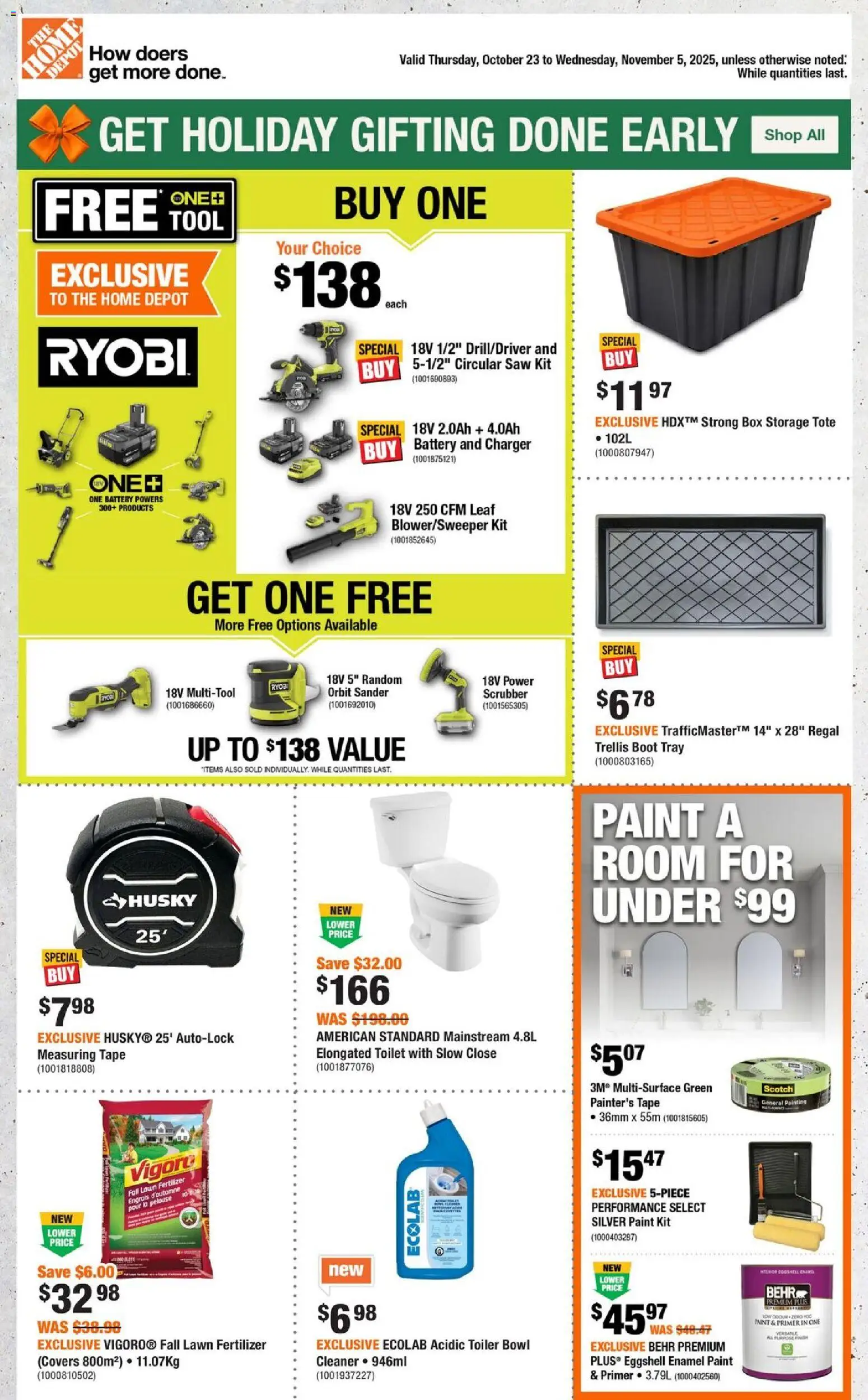 Home Depot flyer valid from 23.10.2025 | Page: 1 | Products: Box, Battery