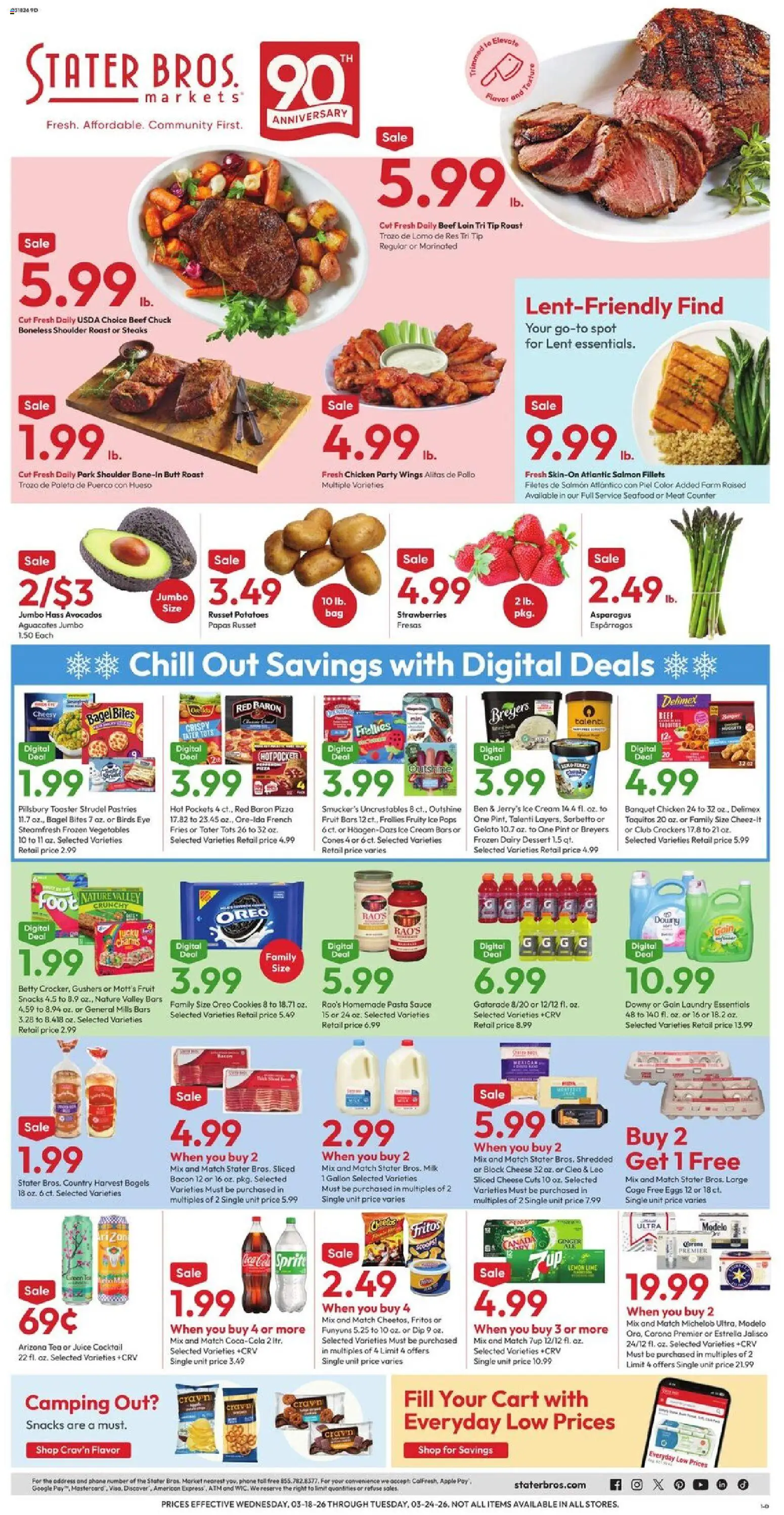 Stater Bros Weekly Ad - valid from 18.03.2026 | Page: 1 | Products: Eggs, Pizza, Vegetables, Phone