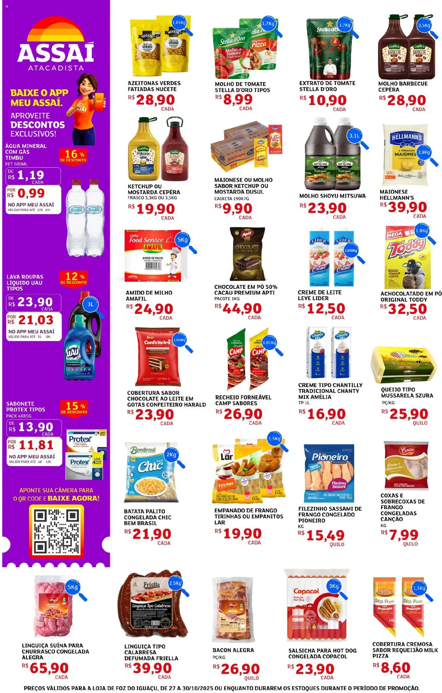 Assaí Atacadista Folheto - válido de 27.10.2025 | Página: 4 | Produtos: Salsicha, Leite, Roupas, Requeijão