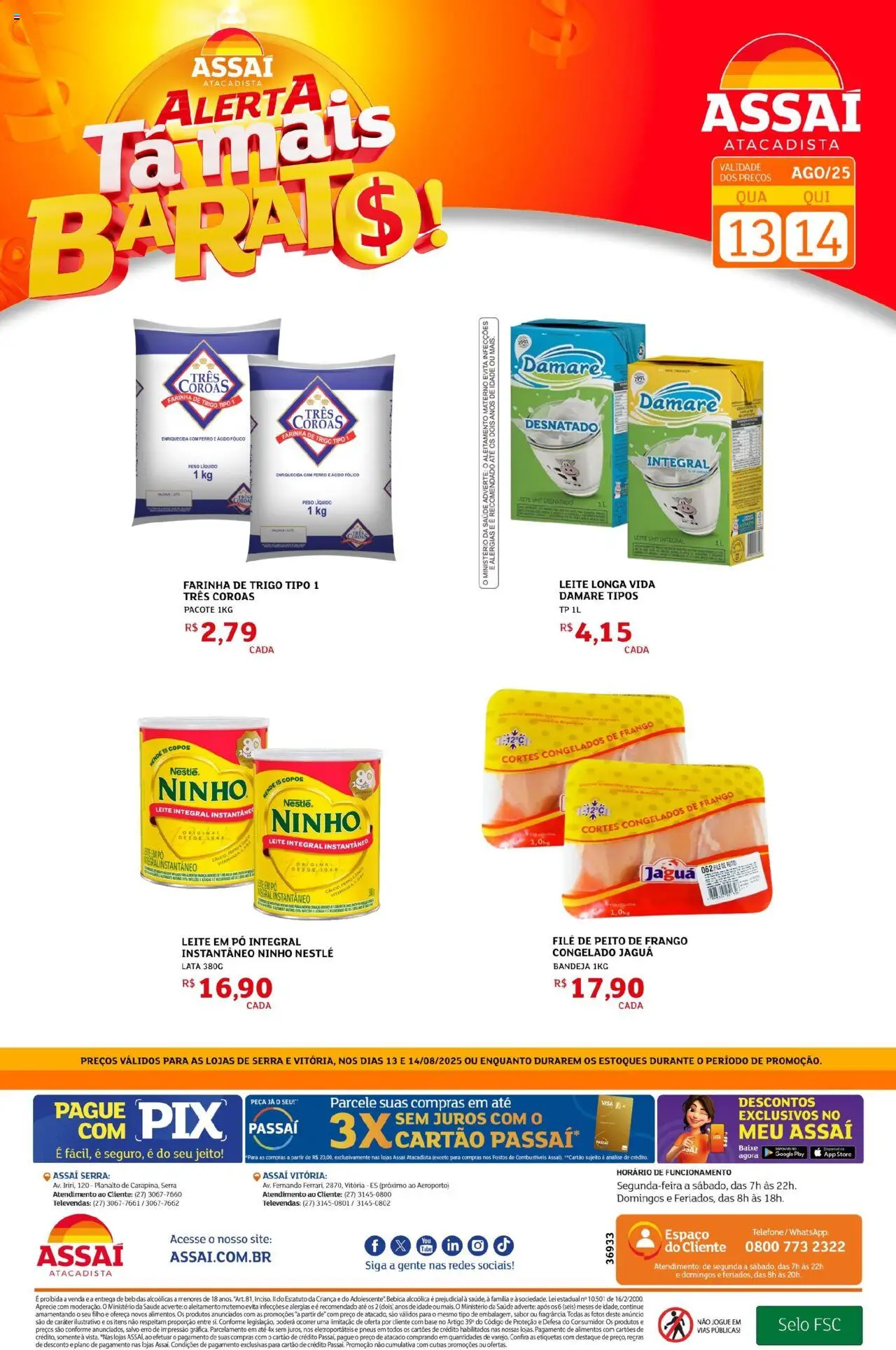 Assaí Atacadista Folheto - válido de 13.08.2025 | Página: 1 | Produtos: Leite, Pneus, Bebida, Peito de frango