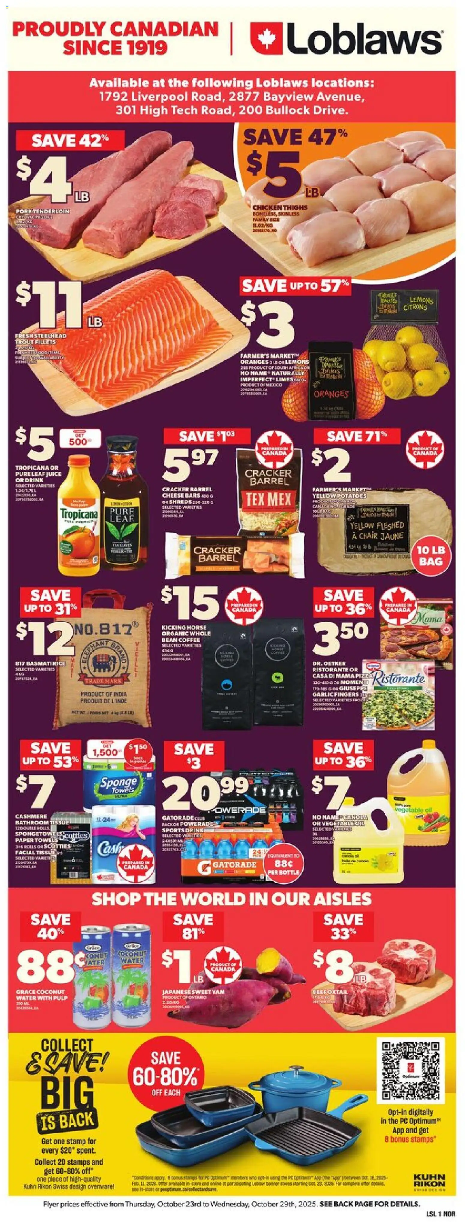 Loblaws flyer valid from 23.10.2025 | Page: 3 | Products: Rice, Chair, Coffee, Juice