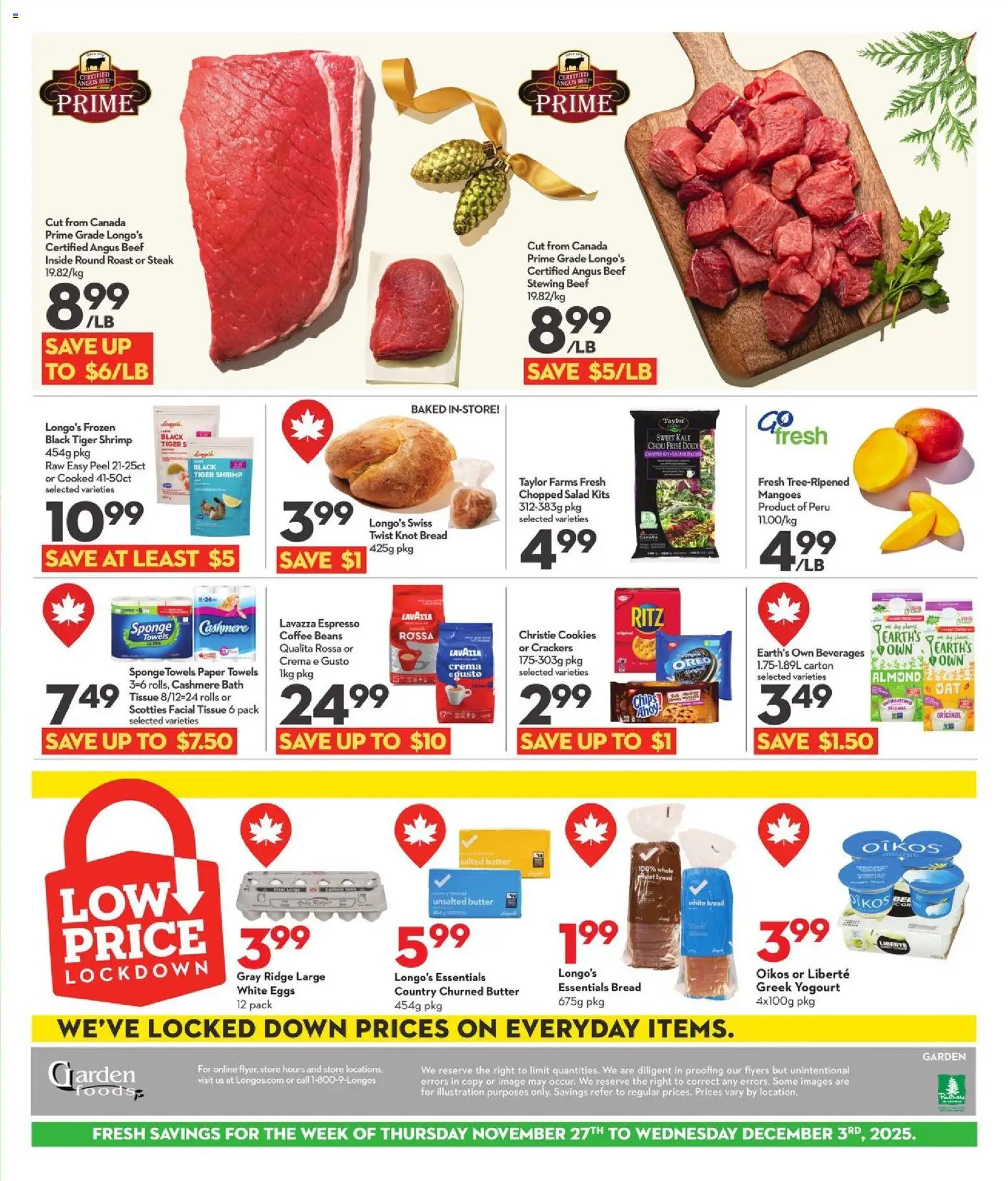 Longo's flyer valid from 27.11.2025 | Page: 3 | Products: Beef, Cookies, Salad, Eggs