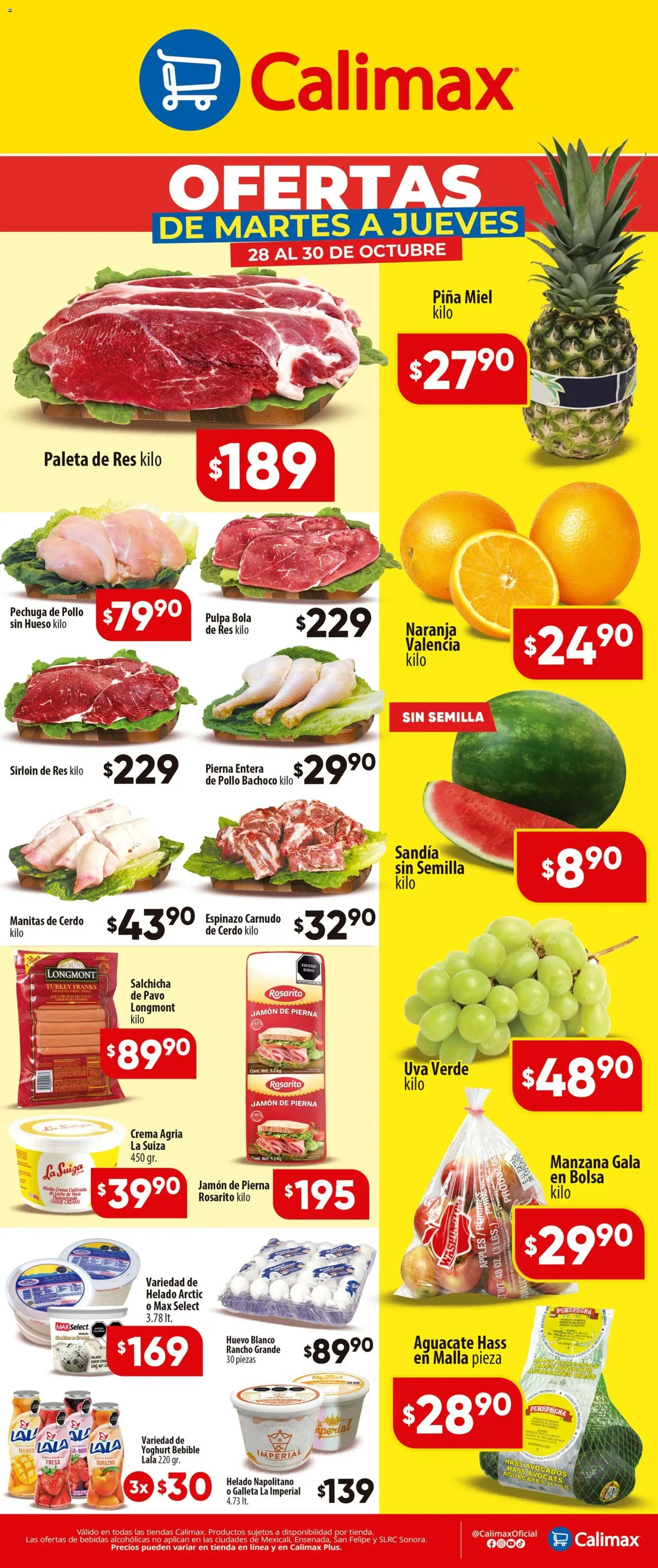 Nuevas ofertas de Calimax válidas en toda la República Mexicana desde el 28.10.2025. ¡Encuentra las mejores ofertas en Calimax folleto Ofertas de Martes a Jueves! | Página: 1 | Productos: Durazno, Mango, Cerdo, Piña