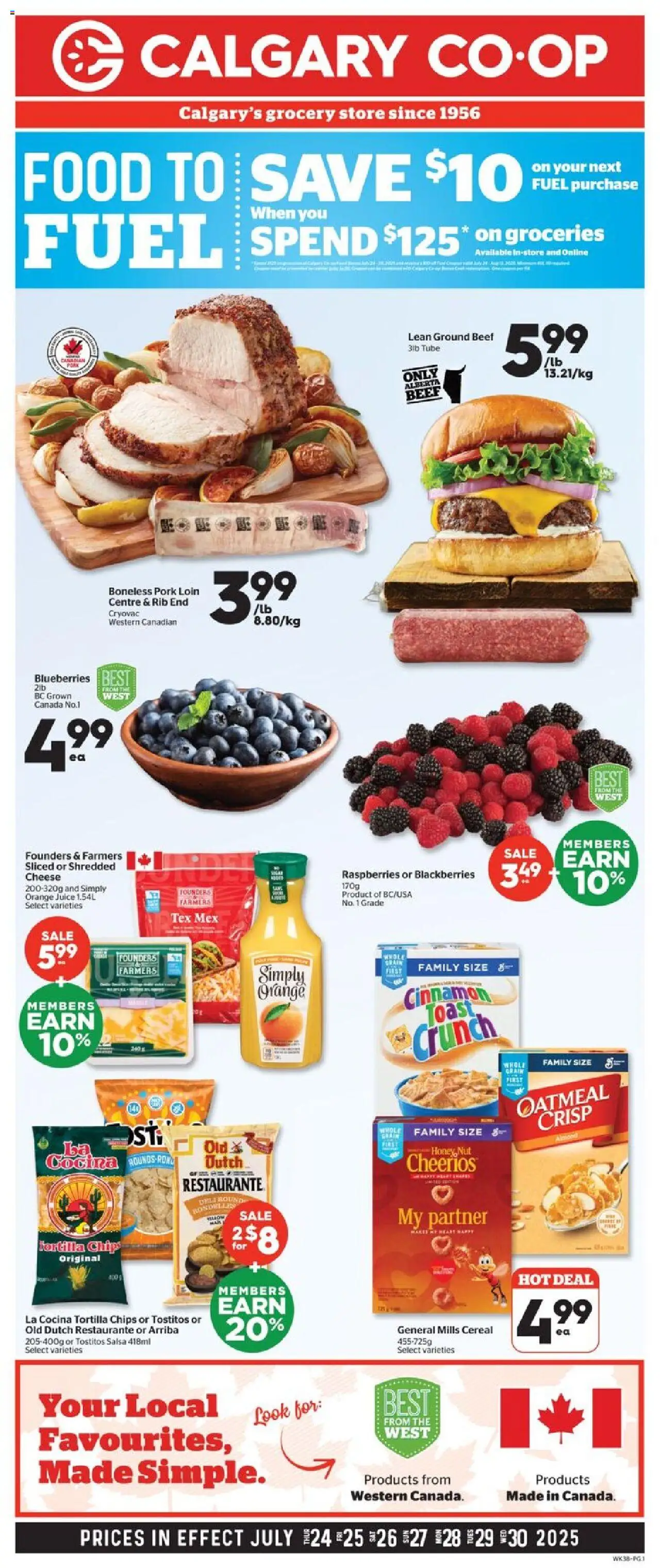 Calgary Co-op flyer valid from 24.07.2025 | Page: 1 | Products: Beef, Chips, Cheese, Pork
