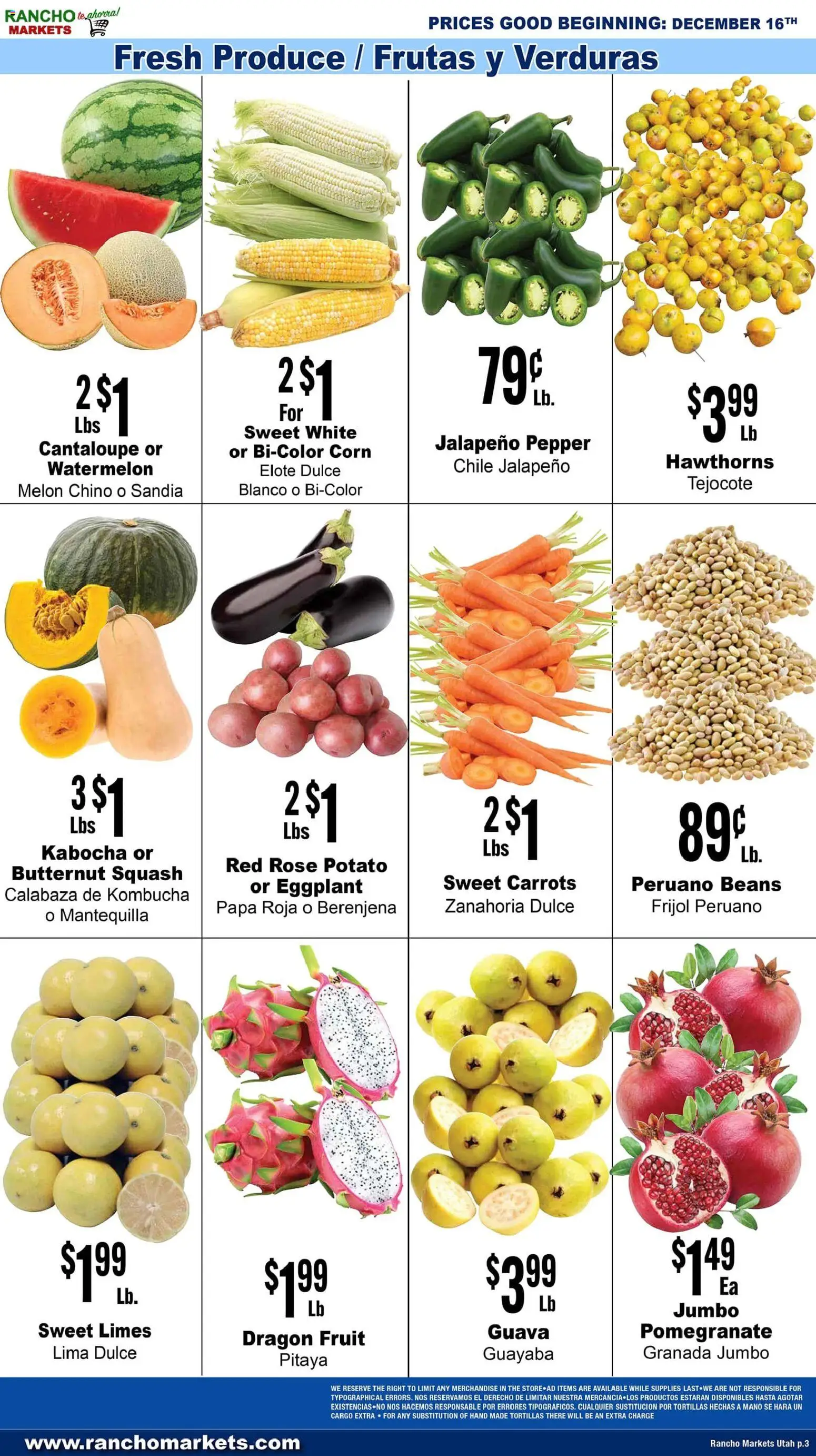 Rancho Markets Weekly Ad - valid from 16.12.2025 | Page: 3 | Products: Squash, Pepper, Watermelon, Melon