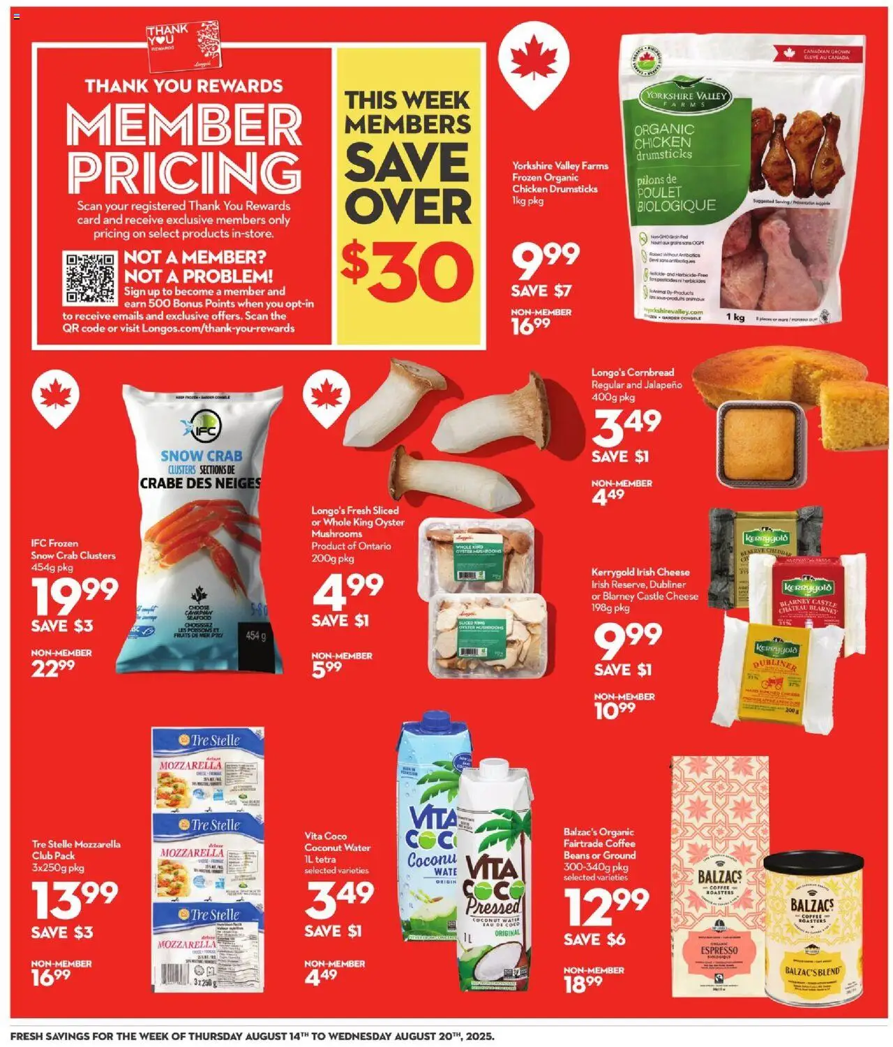 Longo's flyer valid from 14.08.2025 | Page: 4 | Products: Cheese, Coffee, Chicken