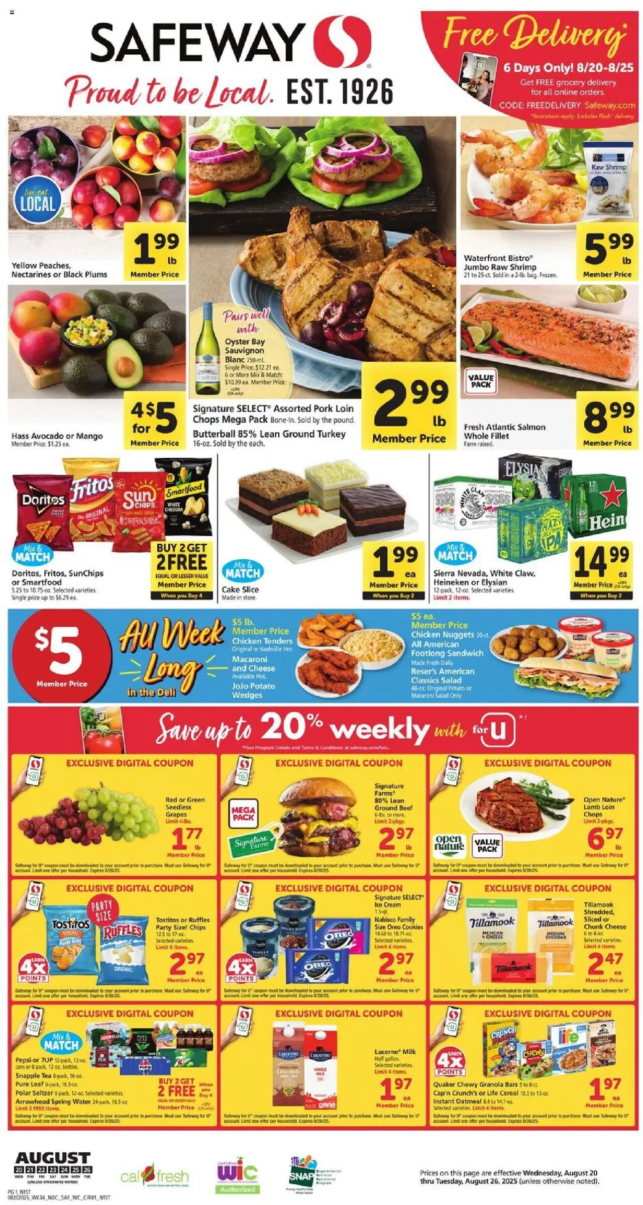 Safeway Weekly Ad - valid from 20.08.2025 | Page: 1 | Products: Milk, Chips, Salad, Grapes