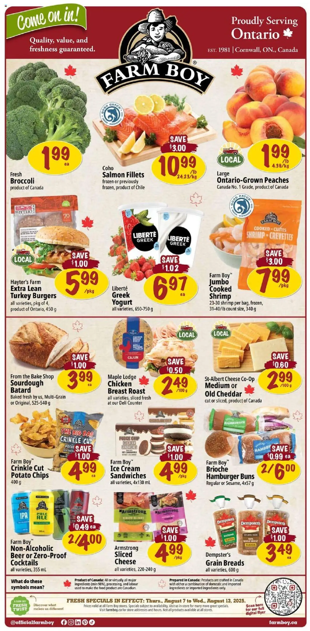 Farm Boy flyer valid from 07.08.2025 | Page: 1 | Products: Bag, Cheese, Yogurt, Beer