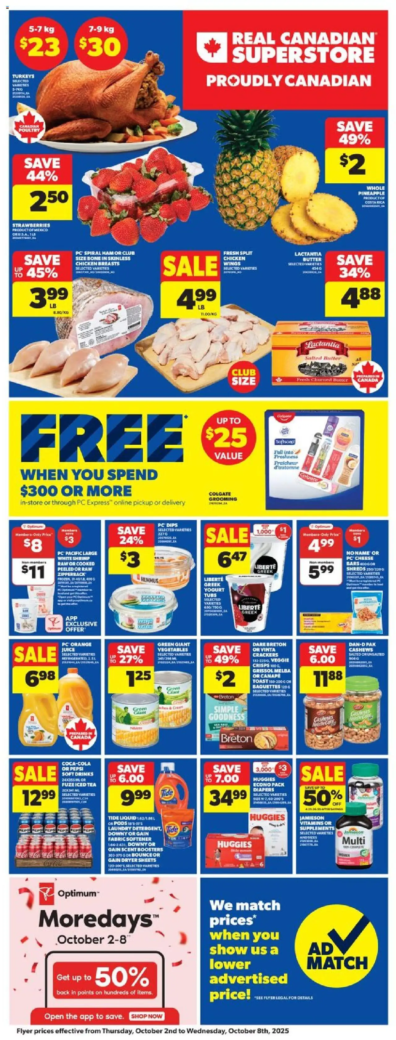 Real Canadian Superstore flyer valid from 02.10.2025 | Page: 2 | Products: Strawberries, Chicken breasts, Dryer, Cheese