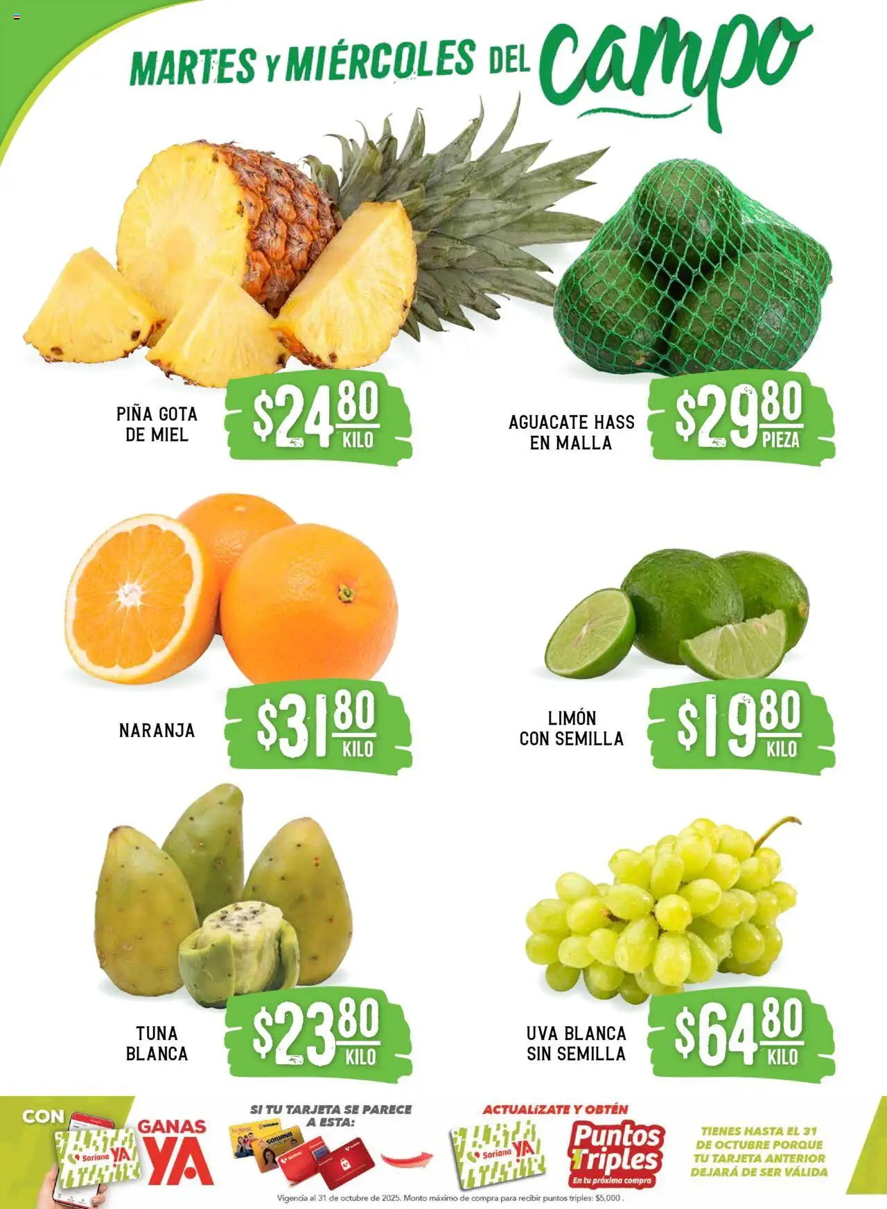 Nuevas ofertas de Soriana válidas en toda la República Mexicana desde el 16.09.2025. ¡Encuentra las mejores ofertas en Soriana - Martes y Miércoles del Campo Súper: Ver, Tab, Chis, Camp, Yuc y Q. Roo! | Página: 2 | Productos: Limón, Aguacate, Uva, Malla