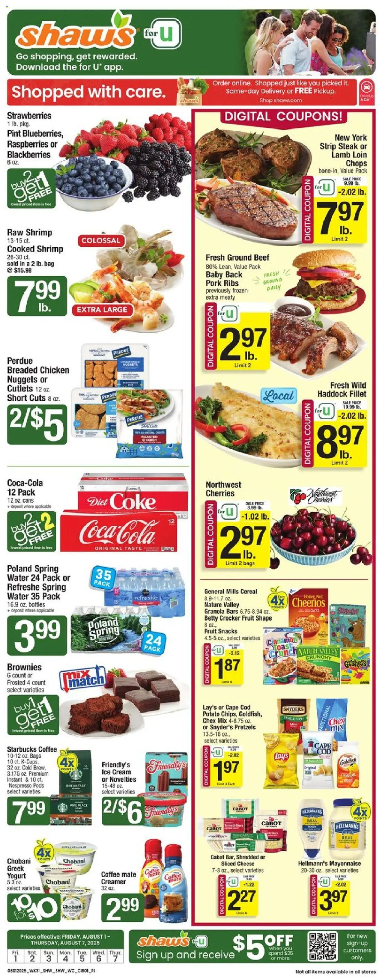 Shaw's Weekly Ad - RI - valid from 01.08.2025 | Page: 3 | Products: Cherries, Yogurt, Pork, Strawberries