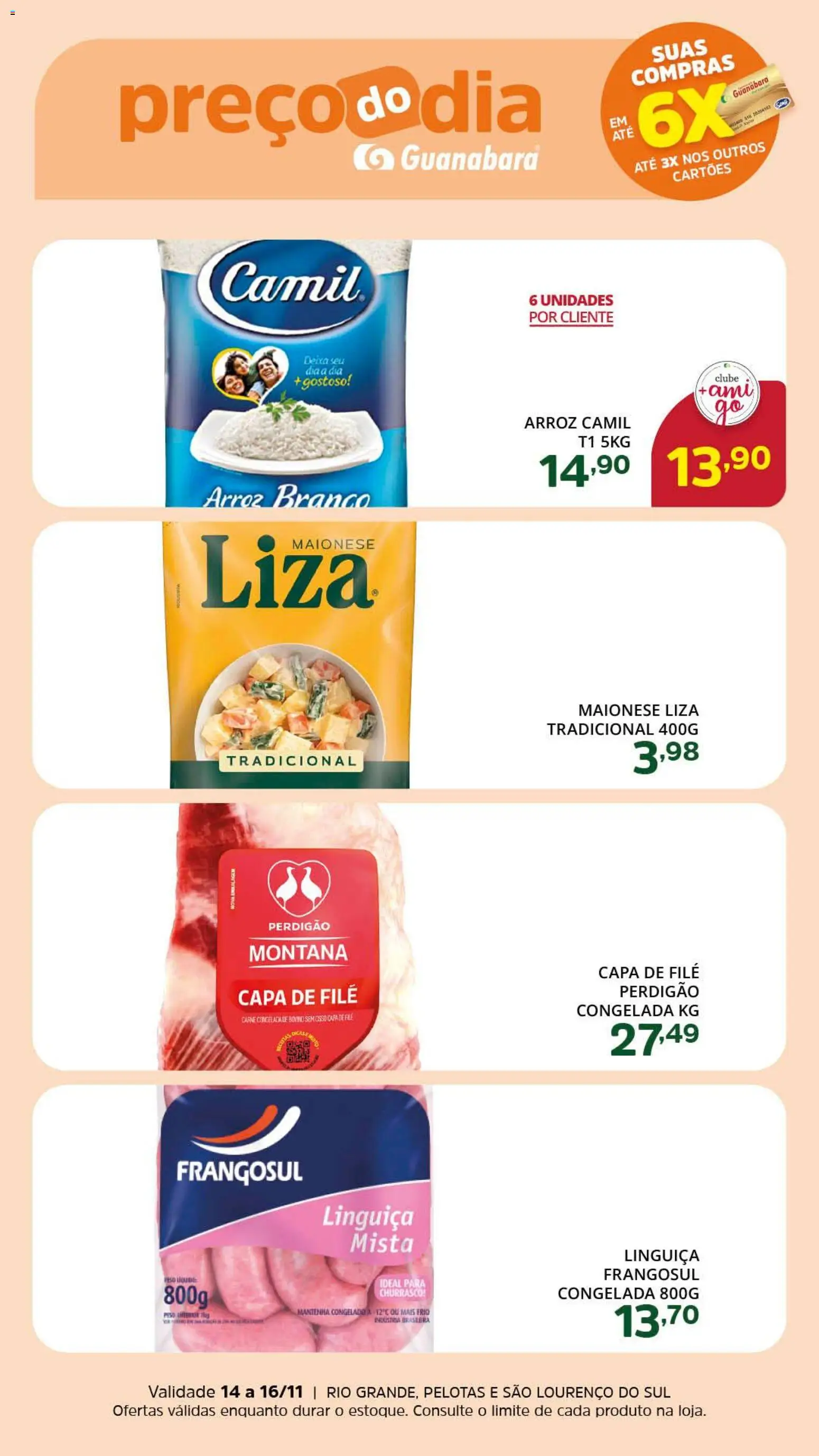 Supermercado Guanabara Folheto - válido de 14.11.2025 | Página: 1 | Produtos: Linguiça, Arroz, Carne, Maionese