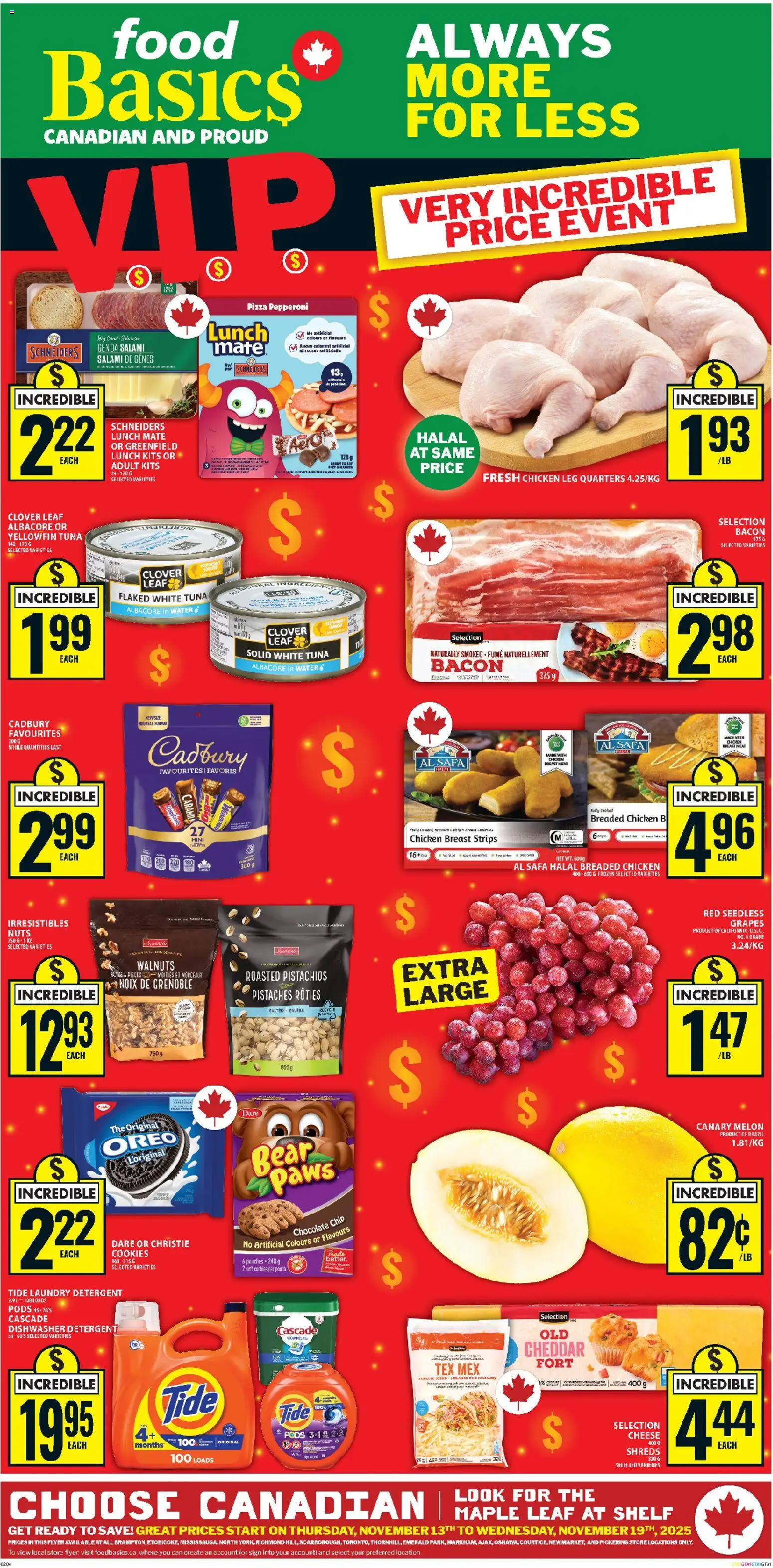 Food Basics flyer valid from 13.11.2025 | Page: 1 | Products: Dishwasher, Cheese, Chocolate, Salami