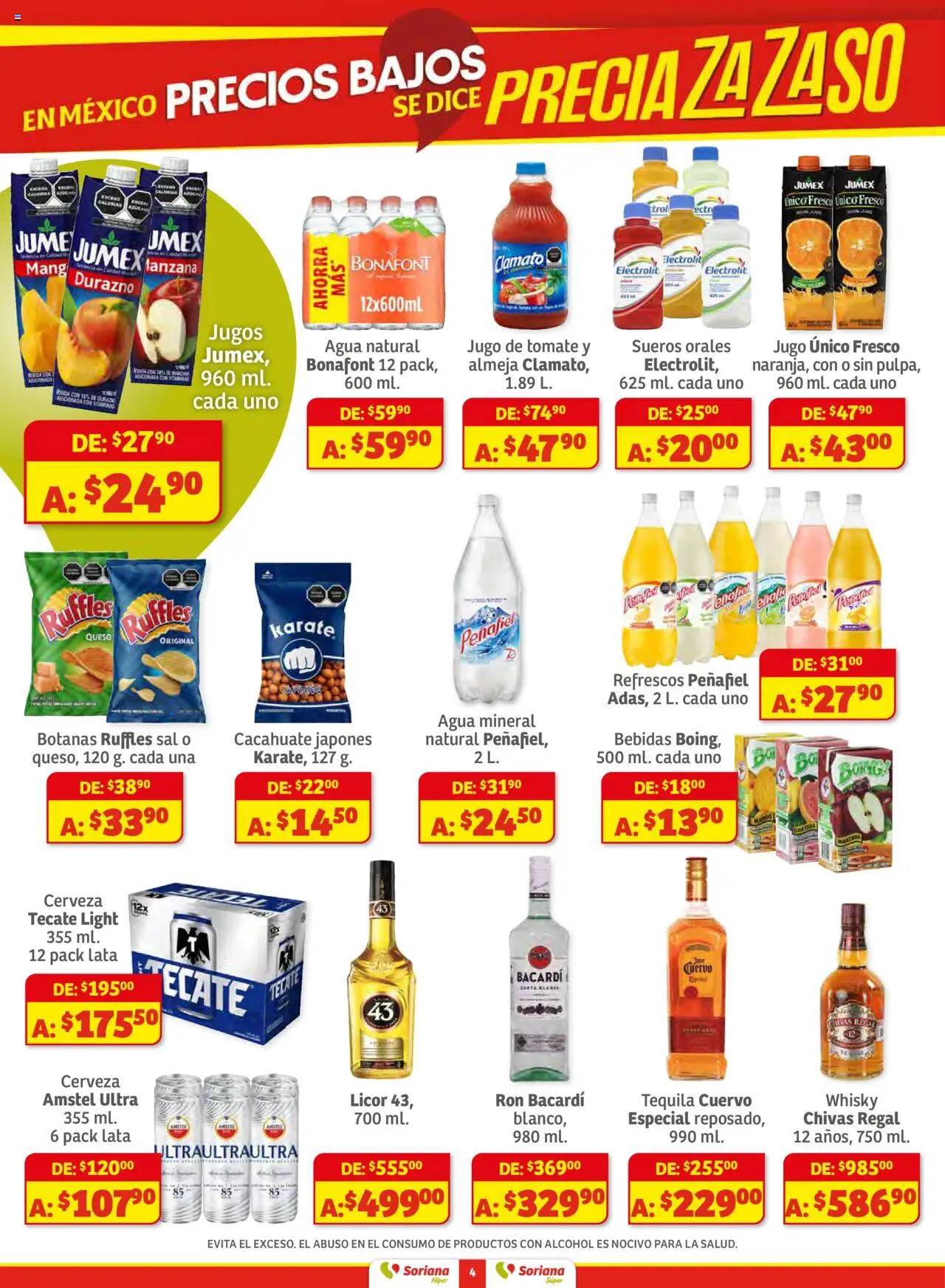 Nuevas ofertas de Soriana válidas en toda la República Mexicana desde el 14.08.2025. ¡Encuentra las mejores ofertas en Soriana - Preciazazaso Híper: Valle de México! | Página: 4 | Productos: Durazno, Jugo, Vitaminas, Whisky