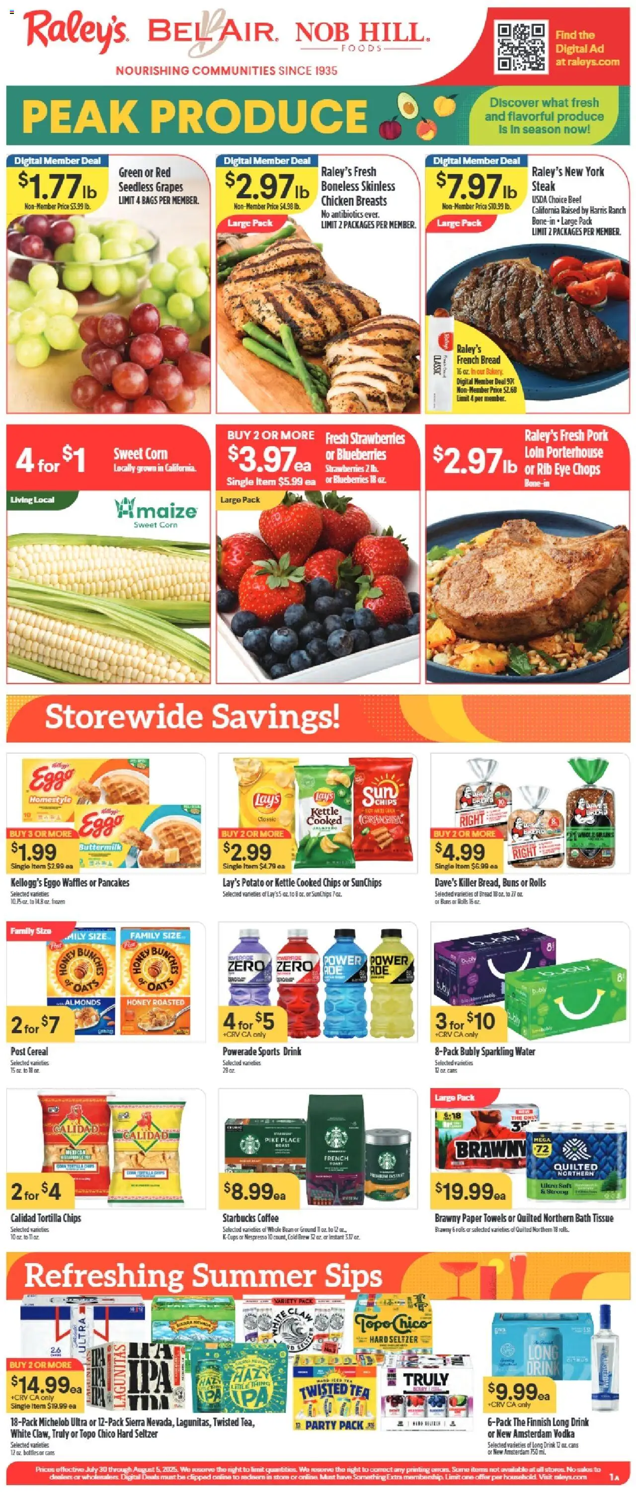 Raley's Weekly Ad - valid from 30.07.2025 | Page: 1 | Products: Corn, Bath, Pork, Kettle