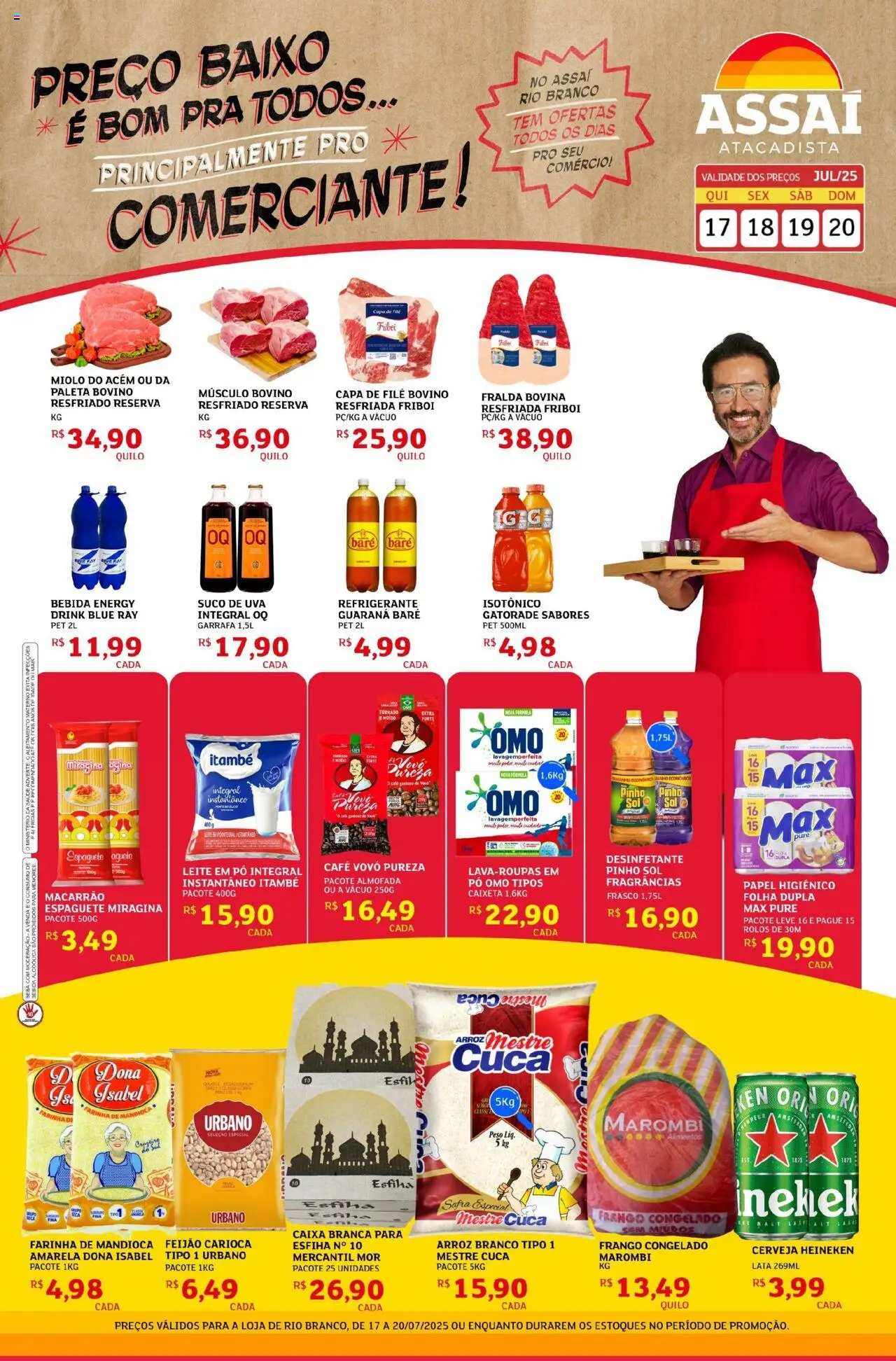 Assaí Atacadista Folheto - válido de 17.07.2025 | Página: 1 | Produtos: Mandioca, Farinha de mandioca, Acém, Isotônico