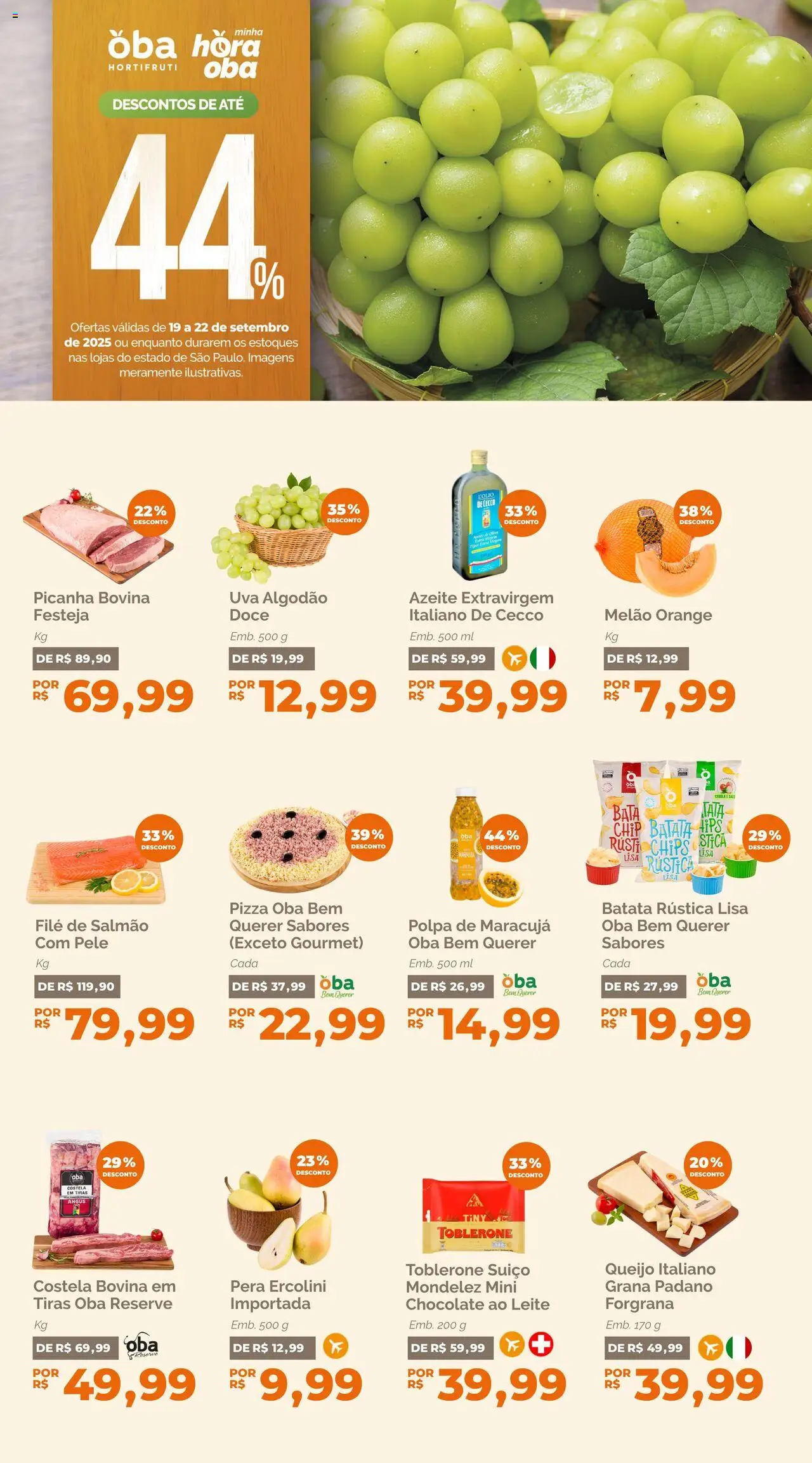 Oba Hortifruti Folheto - válido de 19.09.2025 | Página: 1 | Produtos: Melão, Cebola, Salmão, Queijo