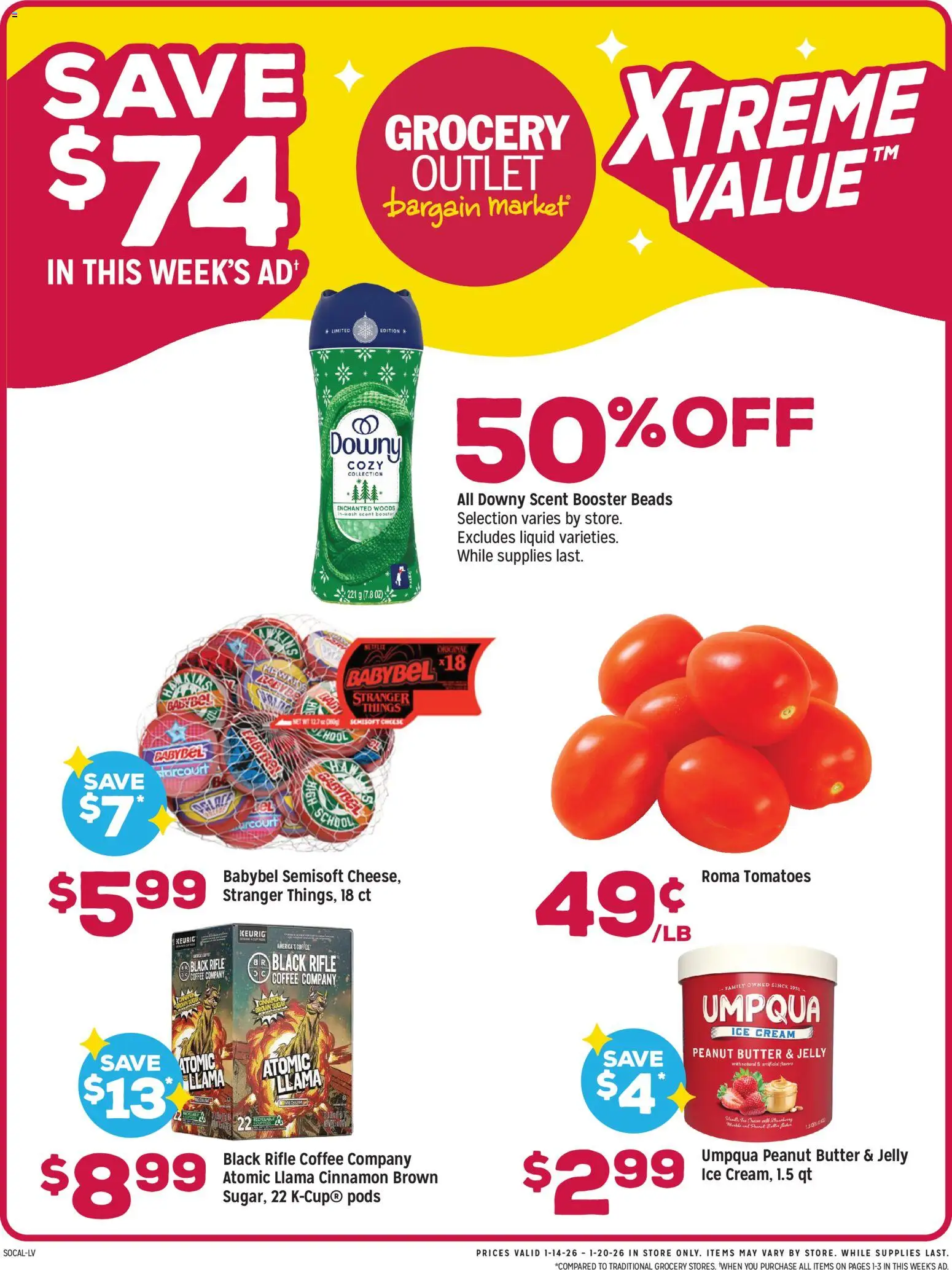 Grocery Outlet Weekly Ad - CA - valid from 14.01.2026 | Page: 1 | Products: Cheese, Coffee, Ice cream, Rifle