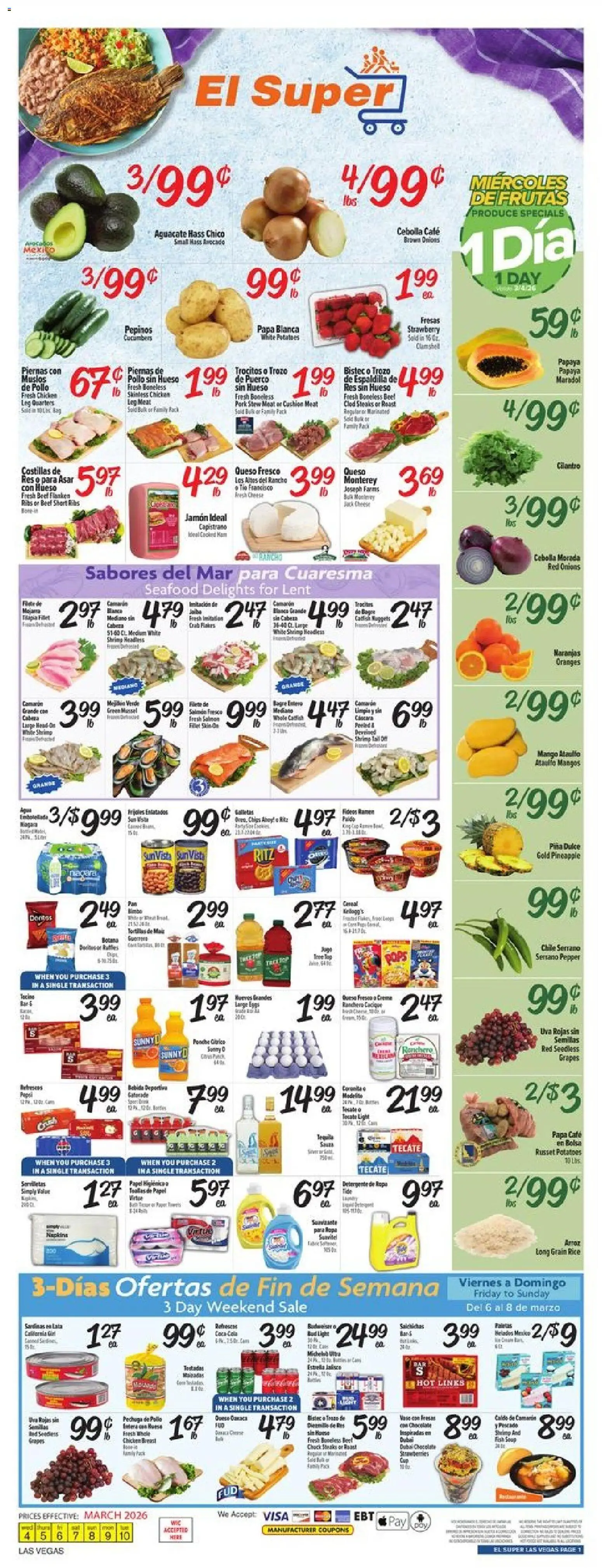 El Super Weekly Ad - NV - valid from 04.03.2026 | Page: 1 | Products: Chocolate, Pork, Cucumbers, Cushion
