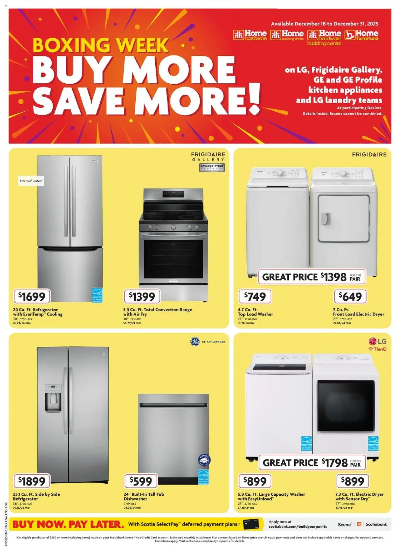Home Hardware flyer valid from 18.12.2025 | Page: 1 | Products: Refrigerator, Dryer, Dishwasher