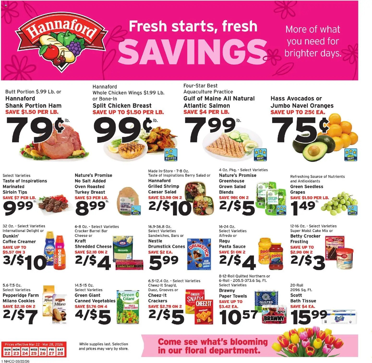 Hannaford Weekly Ad - valid from 22.03.2026 | Page: 1 | Products: Cheese, Pasta, Salad, Vegetables